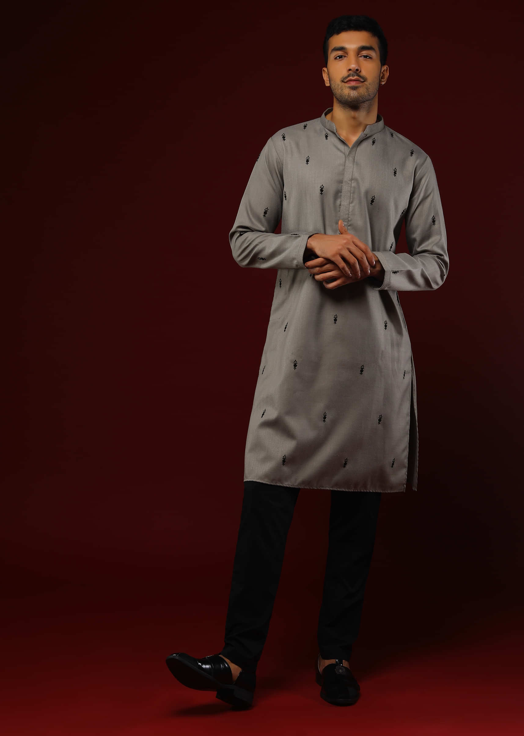Grey Nehru Jacket Set With Black Resham Aari Embroidered Ethnic Buttis