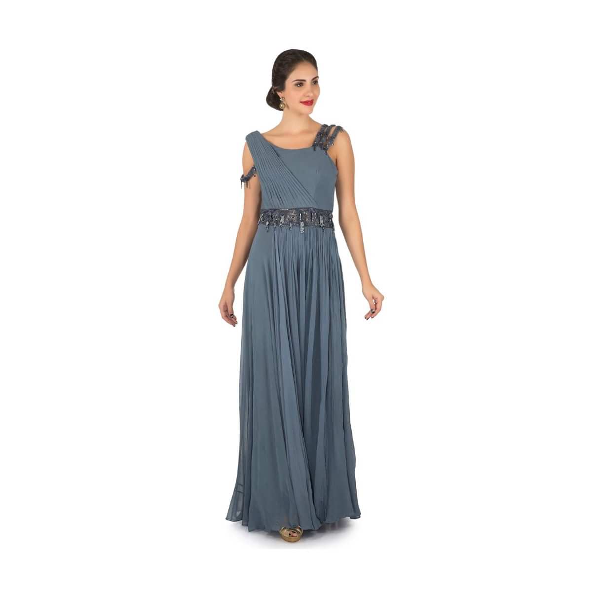Grey palazzo gown in georgette embellished in tassels and sequin embroidered work only on Kalki