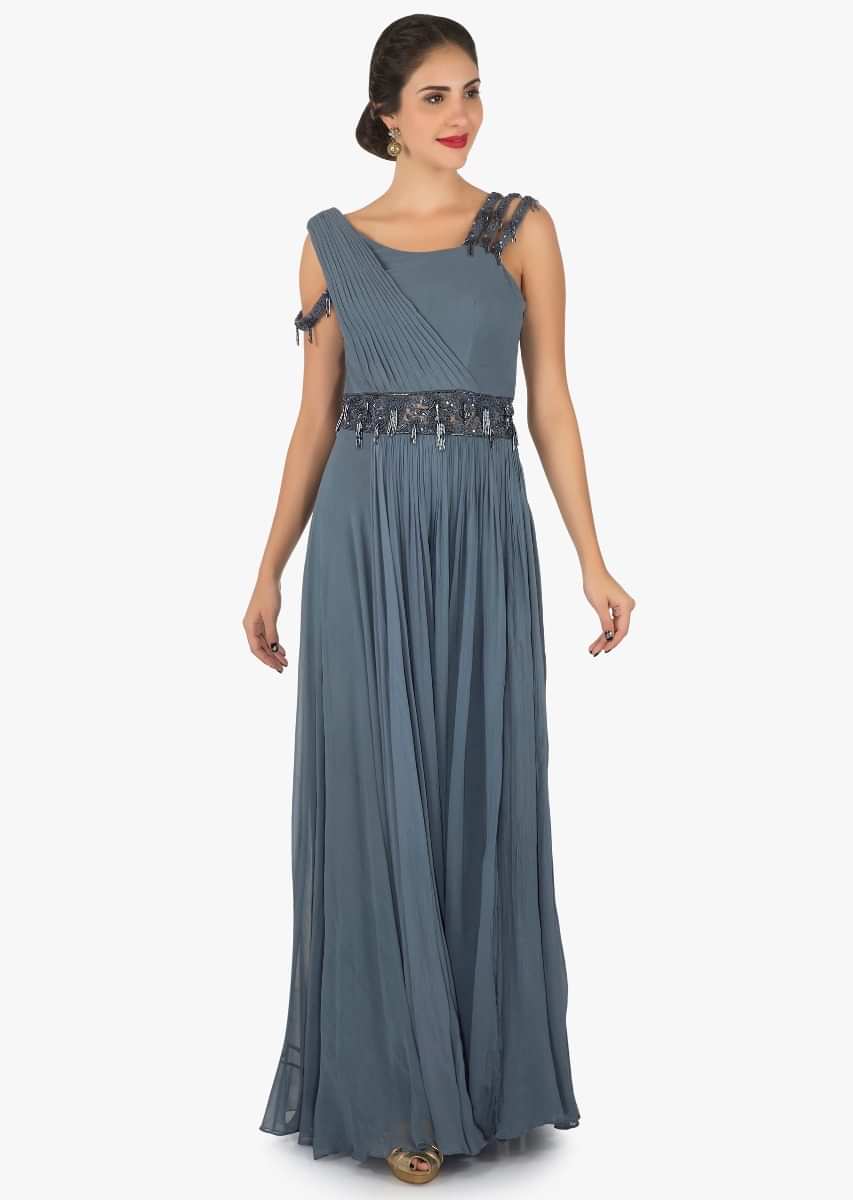 Grey palazzo gown in georgette embellished in tassels and sequin embroidered work only on Kalki