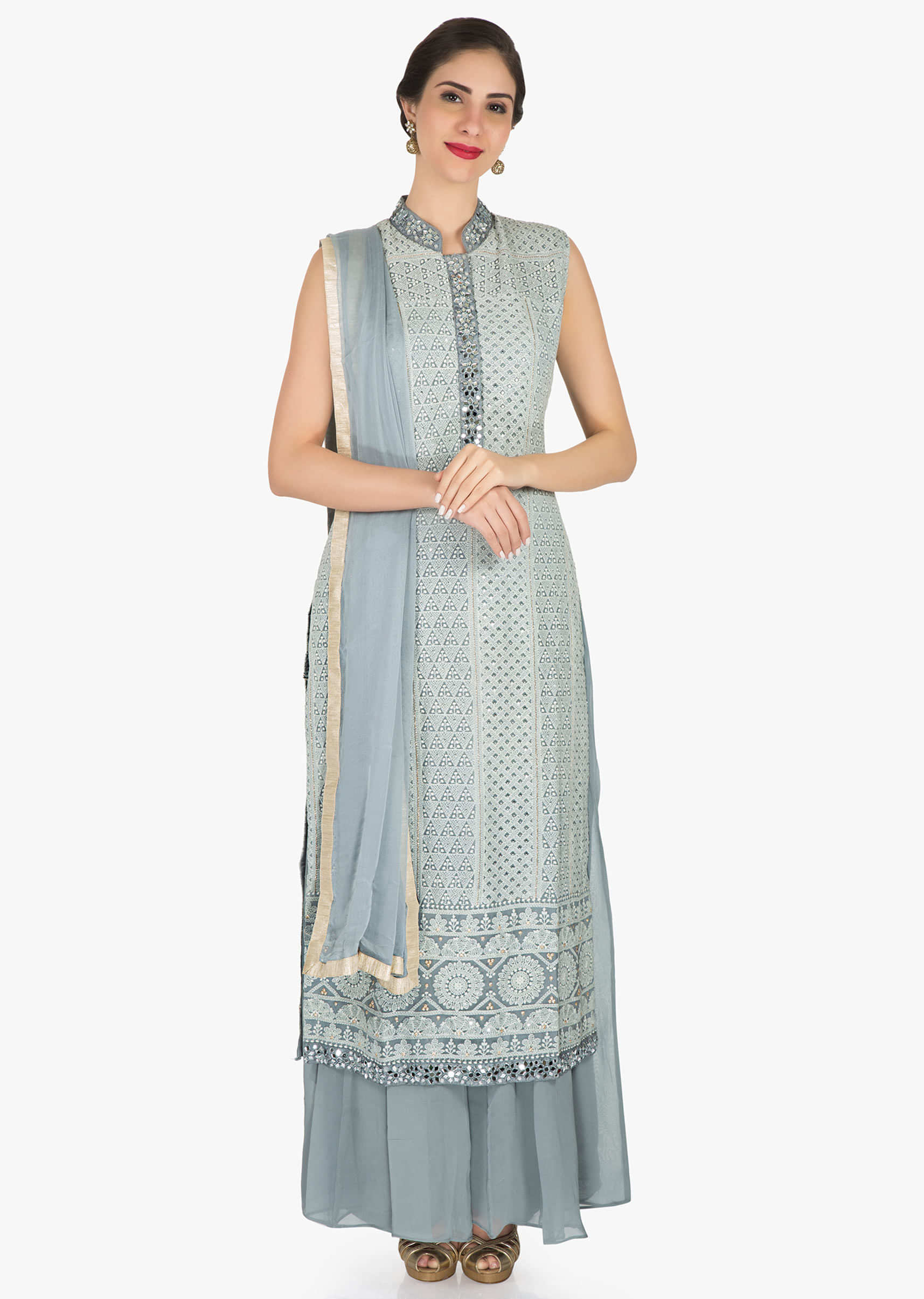 Grey palazzo suit in georgette featuring the heavy thread and gotapatti work only on Kalki
