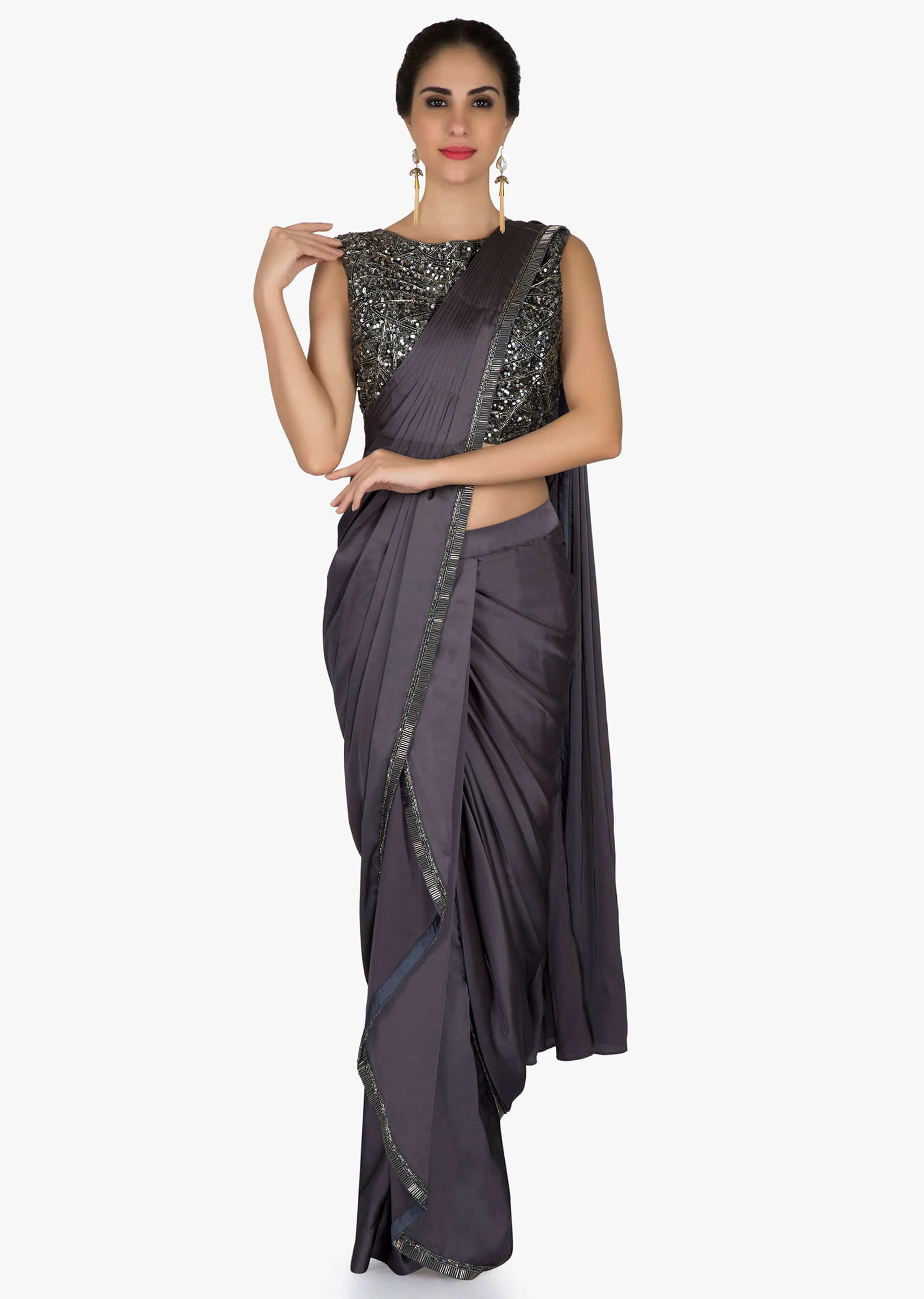 Grey Pre Stitched Saree In Cascade And Cowl Drape With Sequin Embroidered Blouse Online - Kalki Fashion