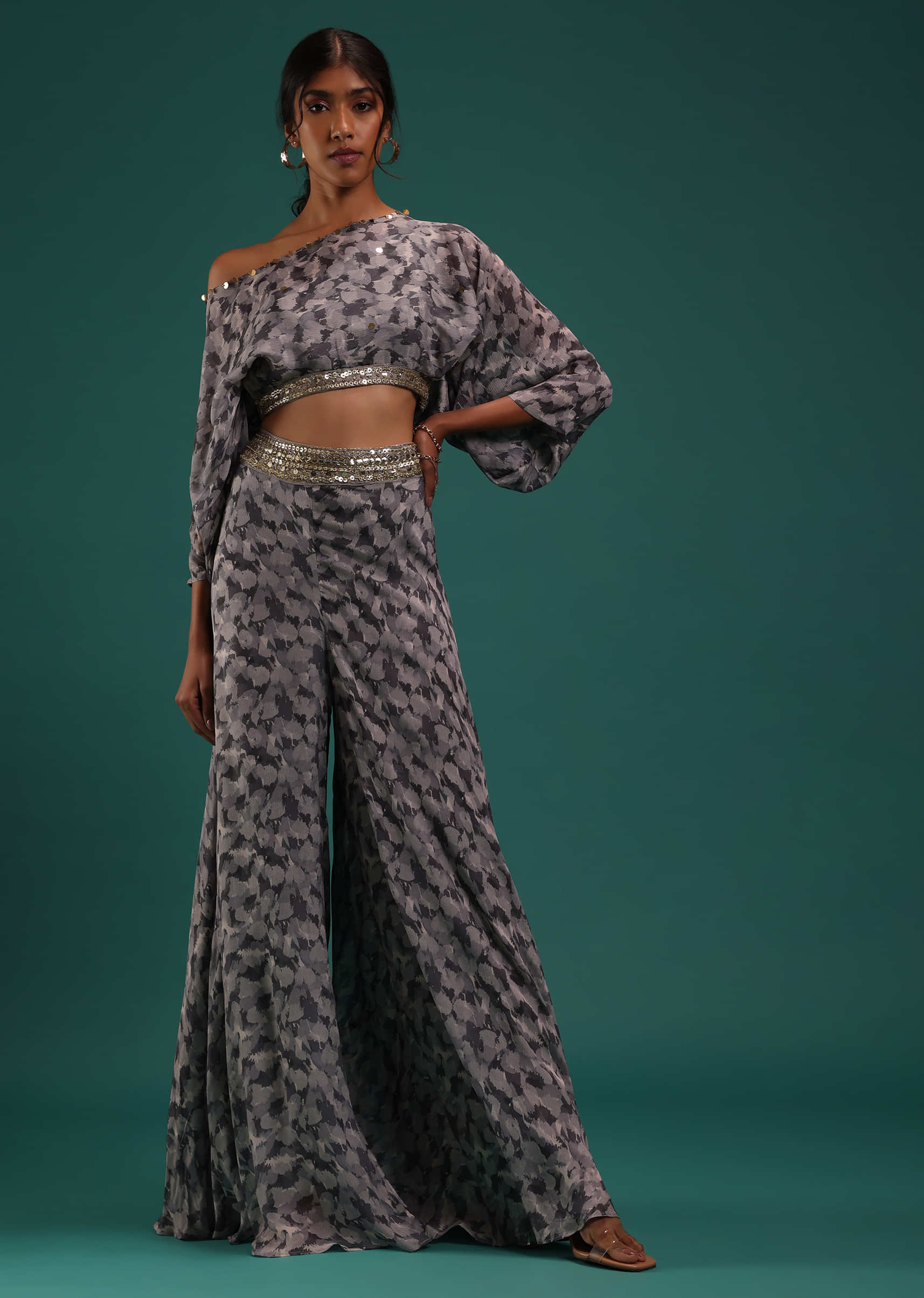 Buy Grey Printed Crop Top And Palazzo Set In Chinon