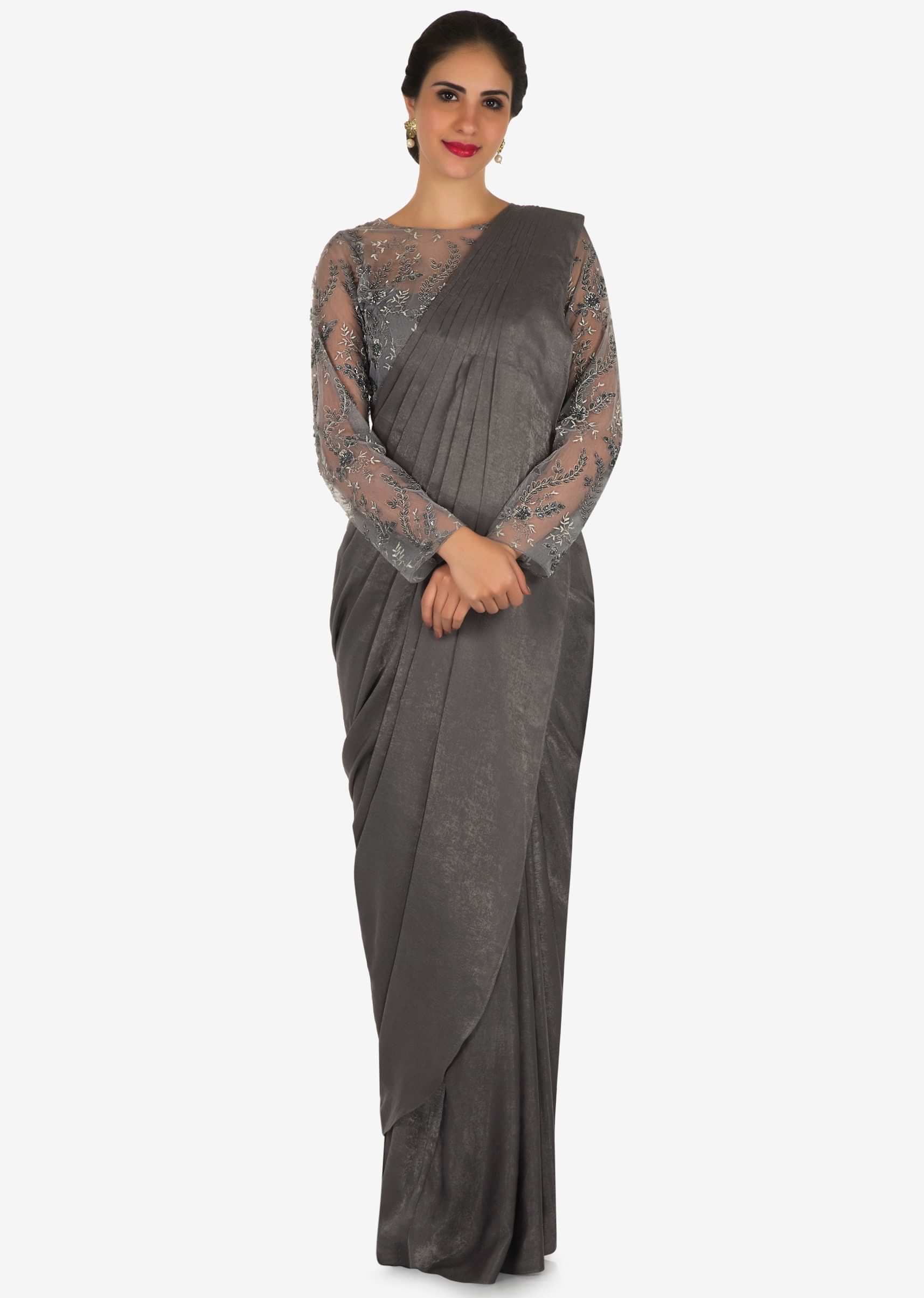 Grey ready pleated saree in velvet adorn in resham and zari embroidered work only on Kalki