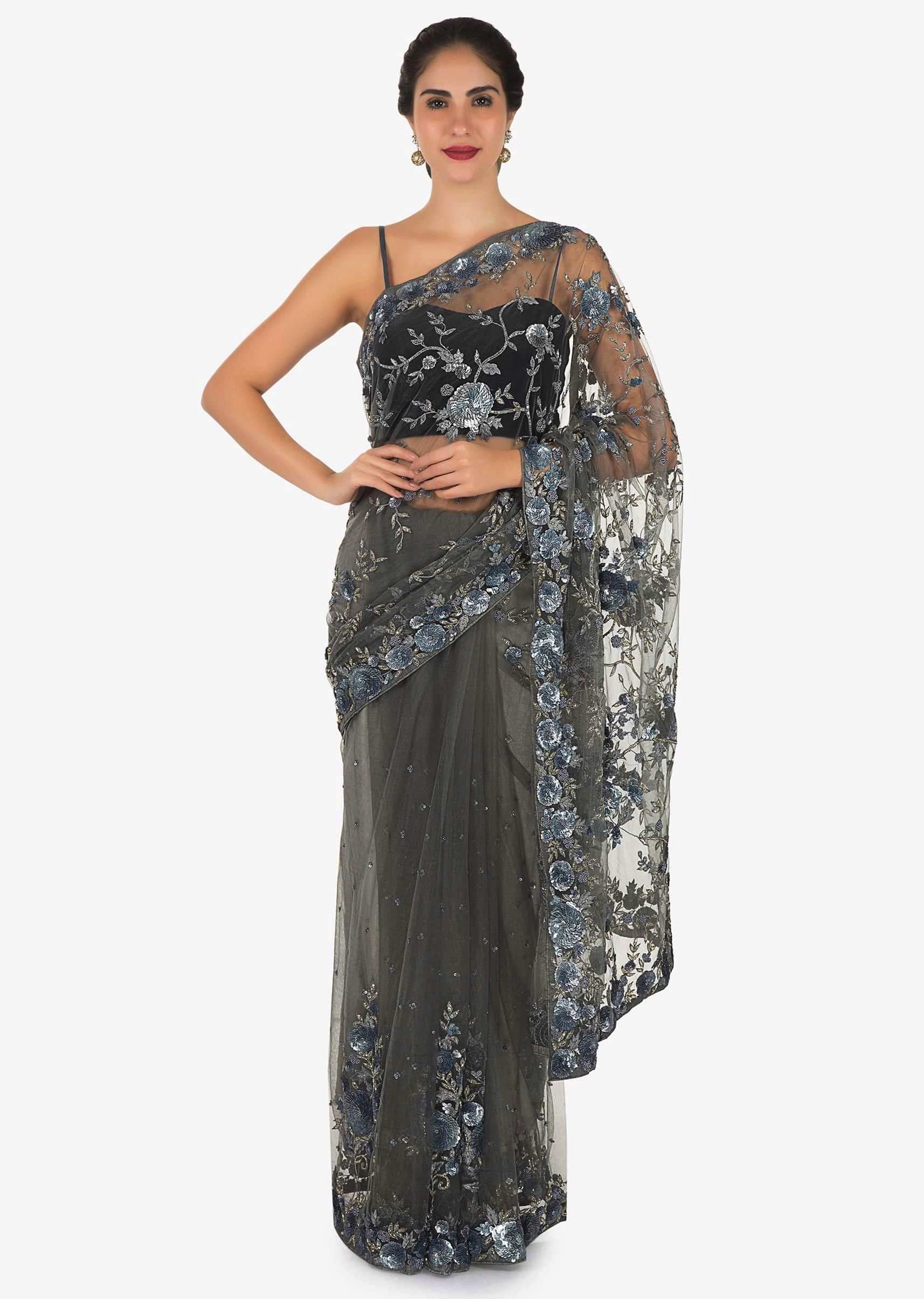 Grey saree featuring in net with sequin and cut dana embroidery only on Kalki
