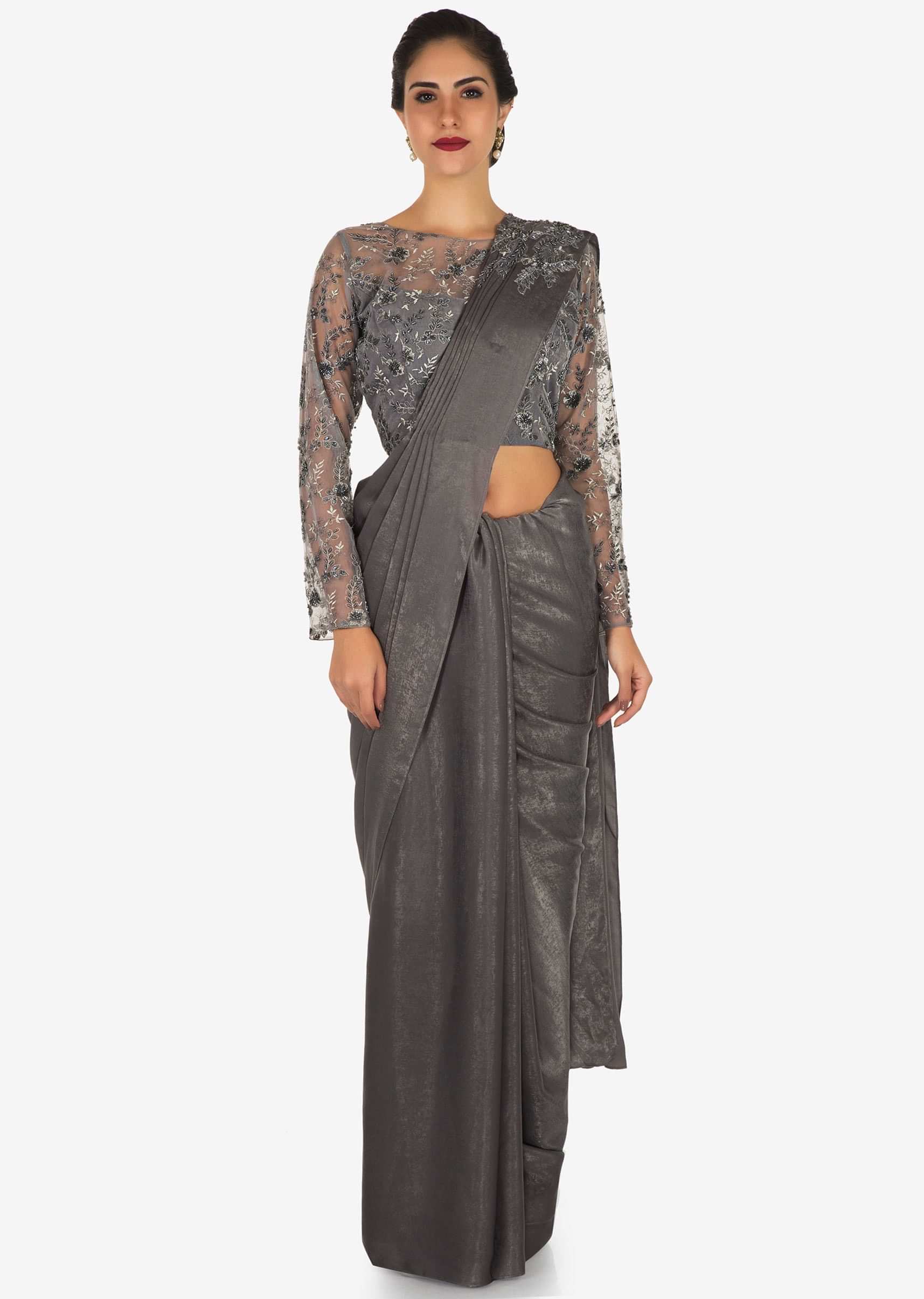 Grey saree in velvet with embellished blouse in zari and cut dana embroidery work only on Kalki