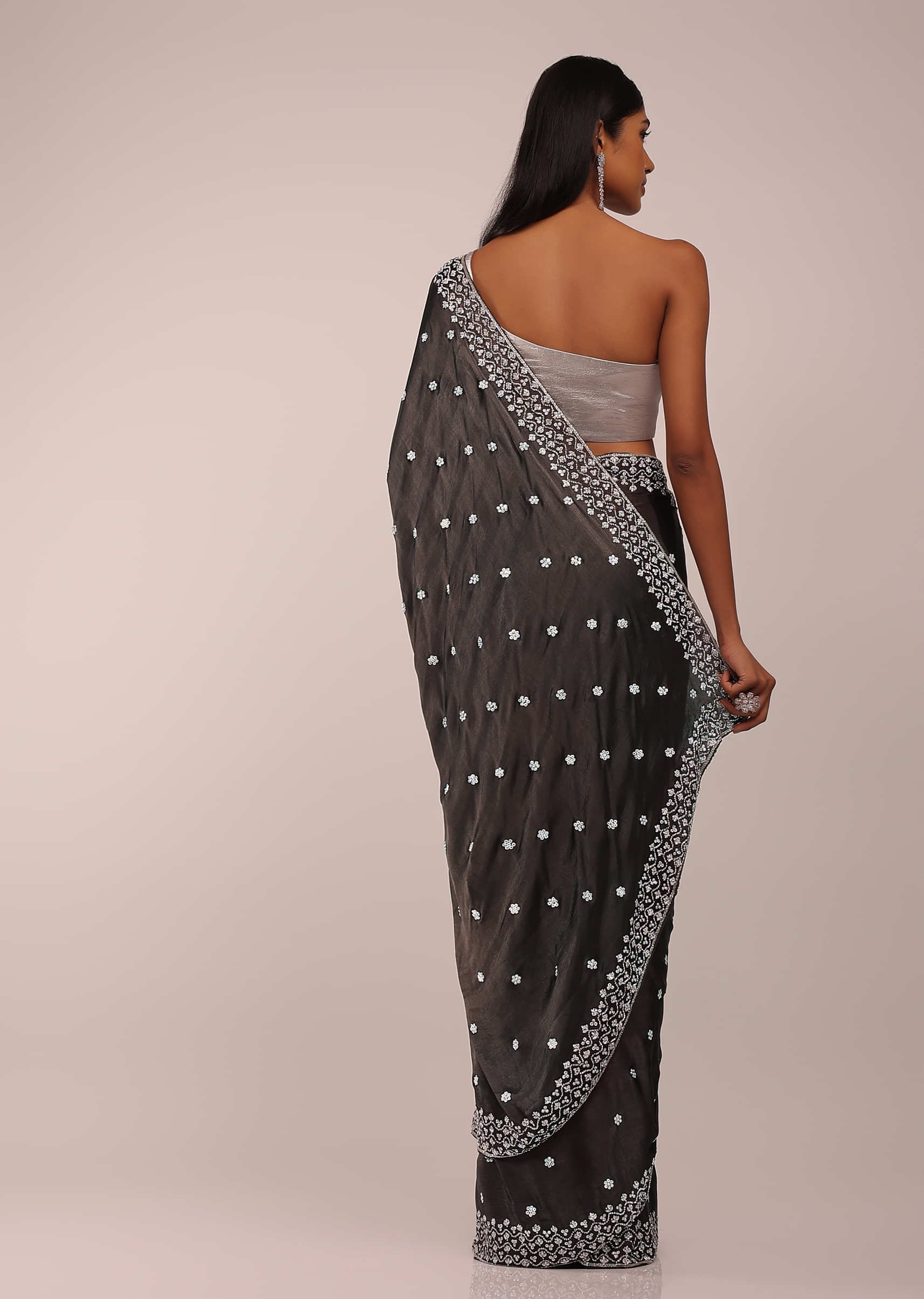 Grey Satin Saree In Silver Petals And Beads Embellishment Buttis With Petal Sequins And Stones On The Border