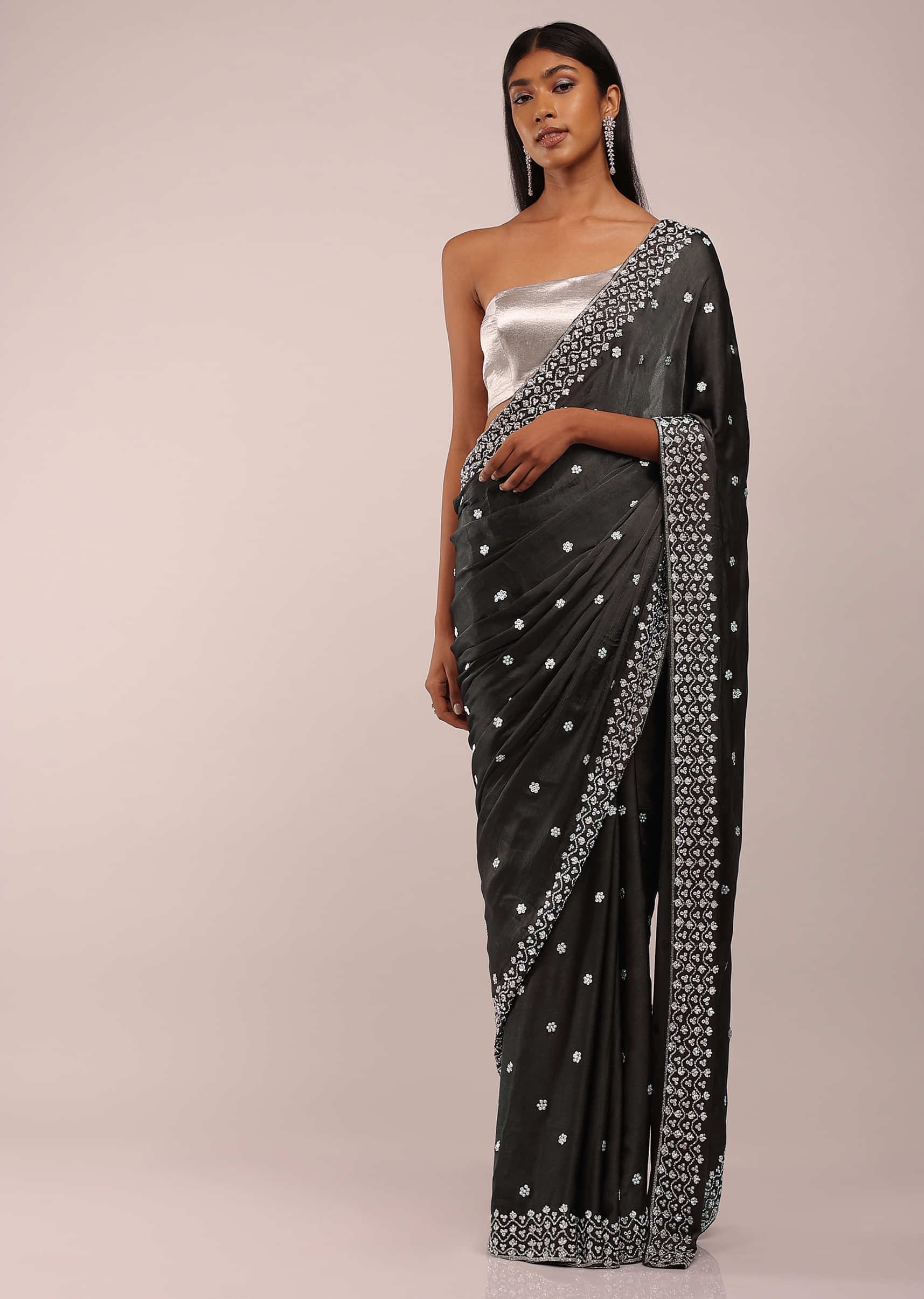Grey Satin Saree In Silver Petals And Beads Embellishment Buttis With Petal Sequins And Stones On The Border