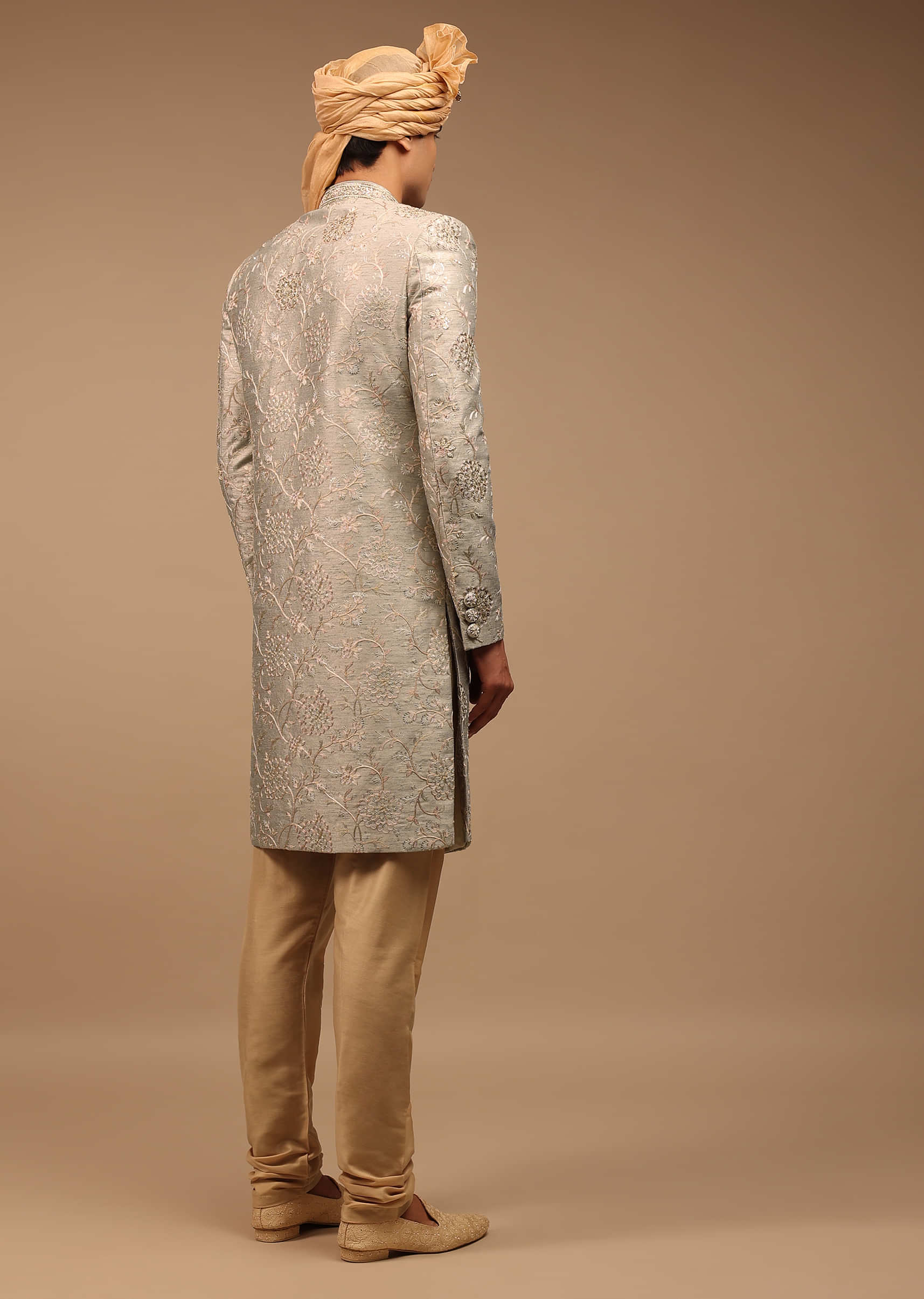 Grey Sherwani With Jaal Work, Stones, And Sequins