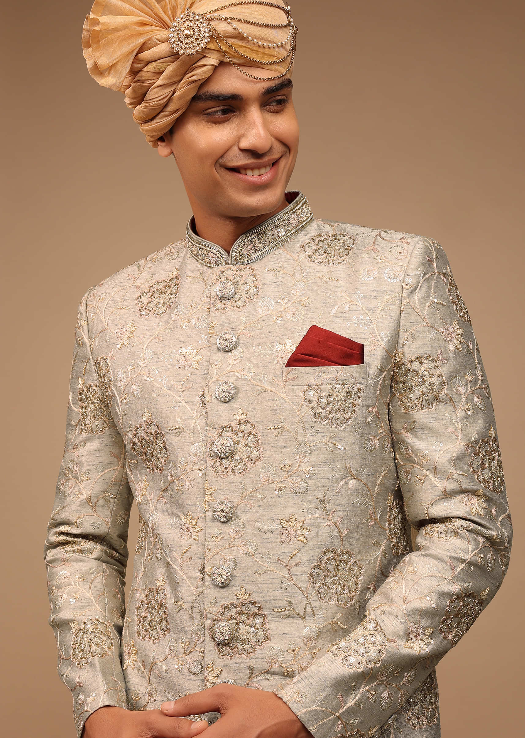 Grey Sherwani With Jaal Work, Stones, And Sequins