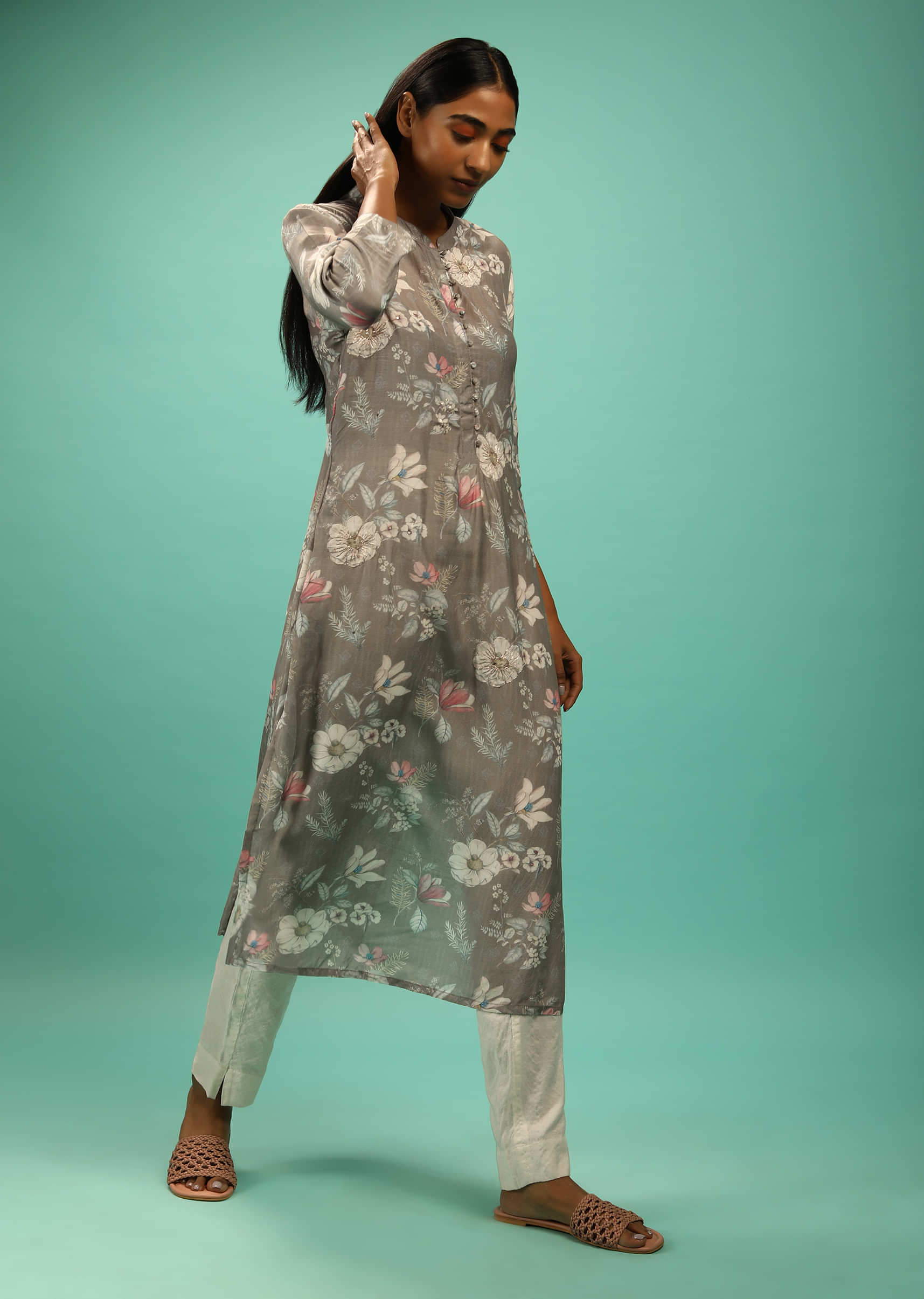 Grey Straight Cut Kurti With Floral Print And Zari Accents 