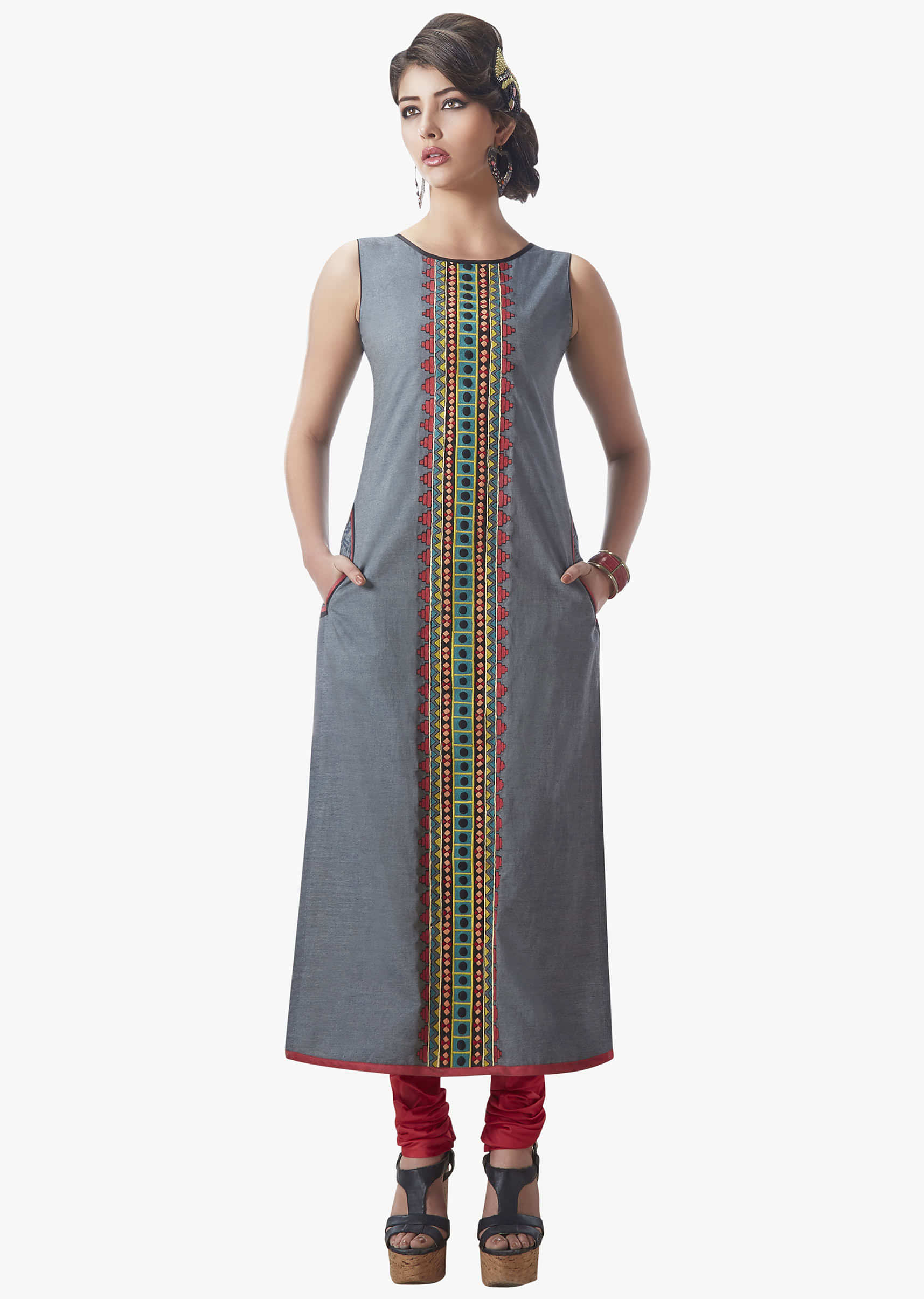 Grey Straight Cut Suit Beautified With Multi Colored Resham Patch Work Online - Kalki Fashion