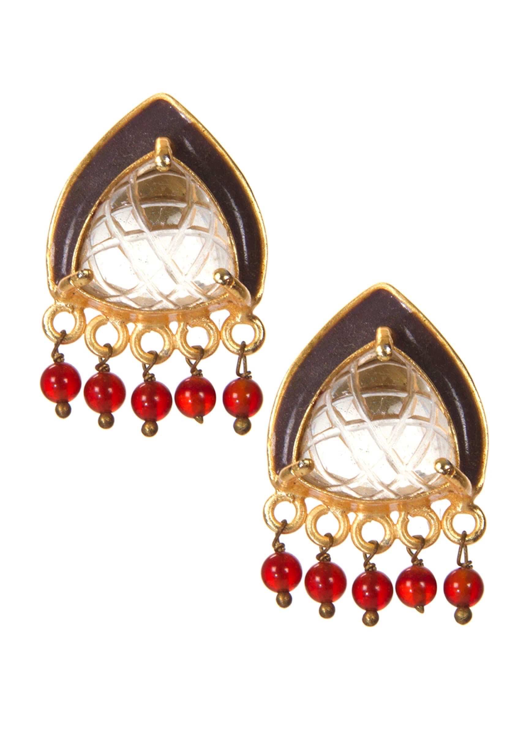 Grey Studded Earrings With Red Pearl Hangings only on Kalki