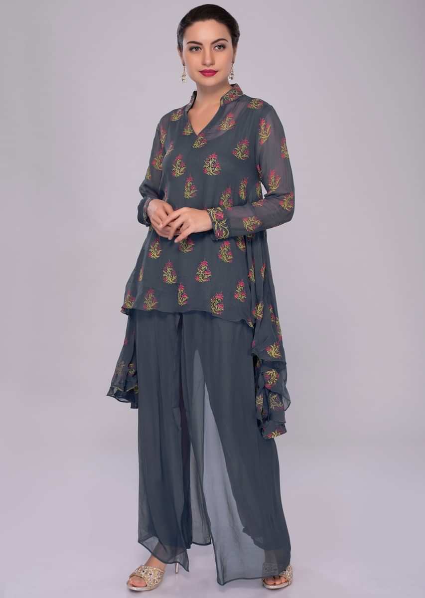 Greyish blue asymmetric printed georgette suit with double layer palazzo 