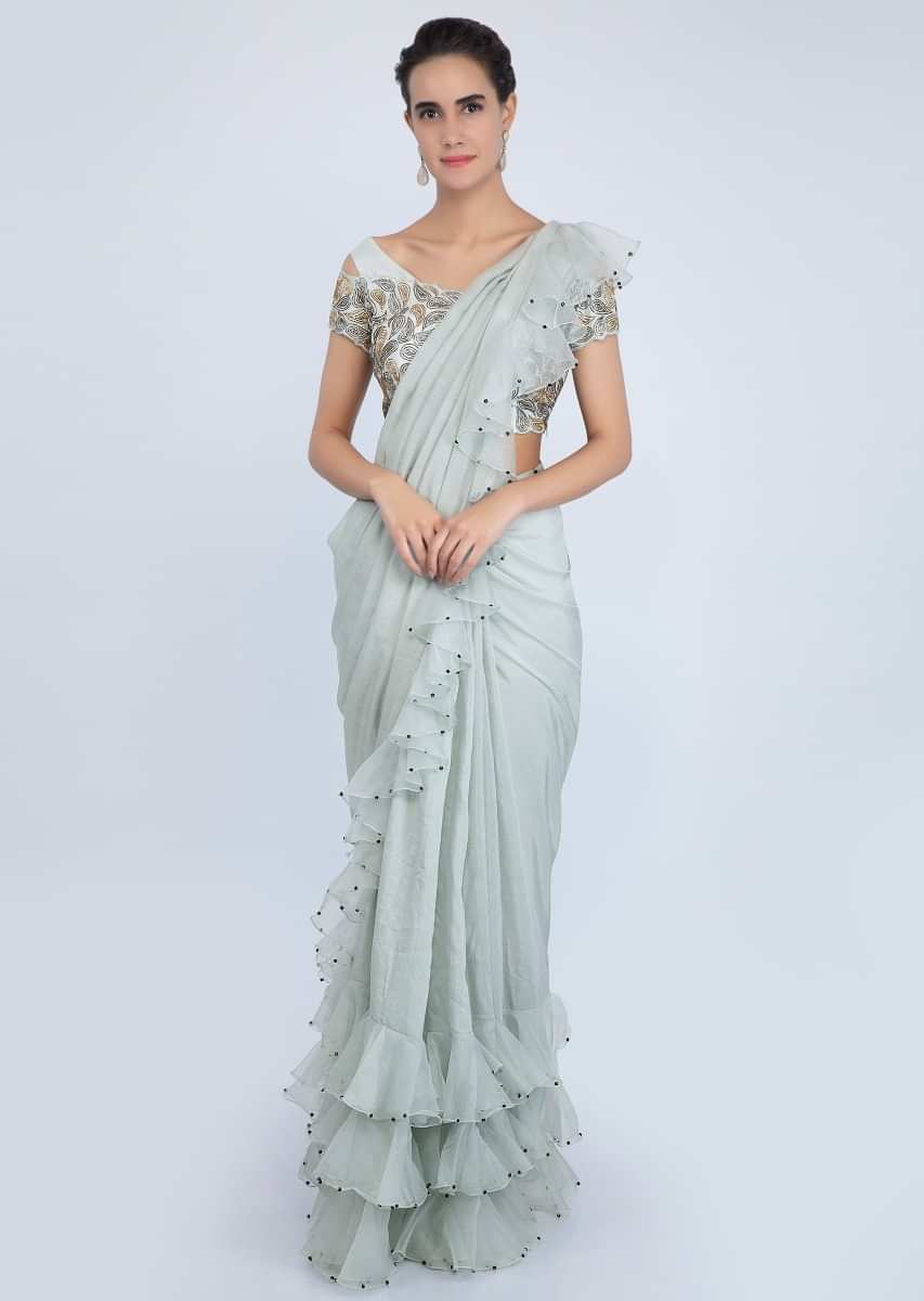 Greyish Blue Saree In Satin Crepe With Organza Ruffled Pallo And Hem Online - Kalki Fashion