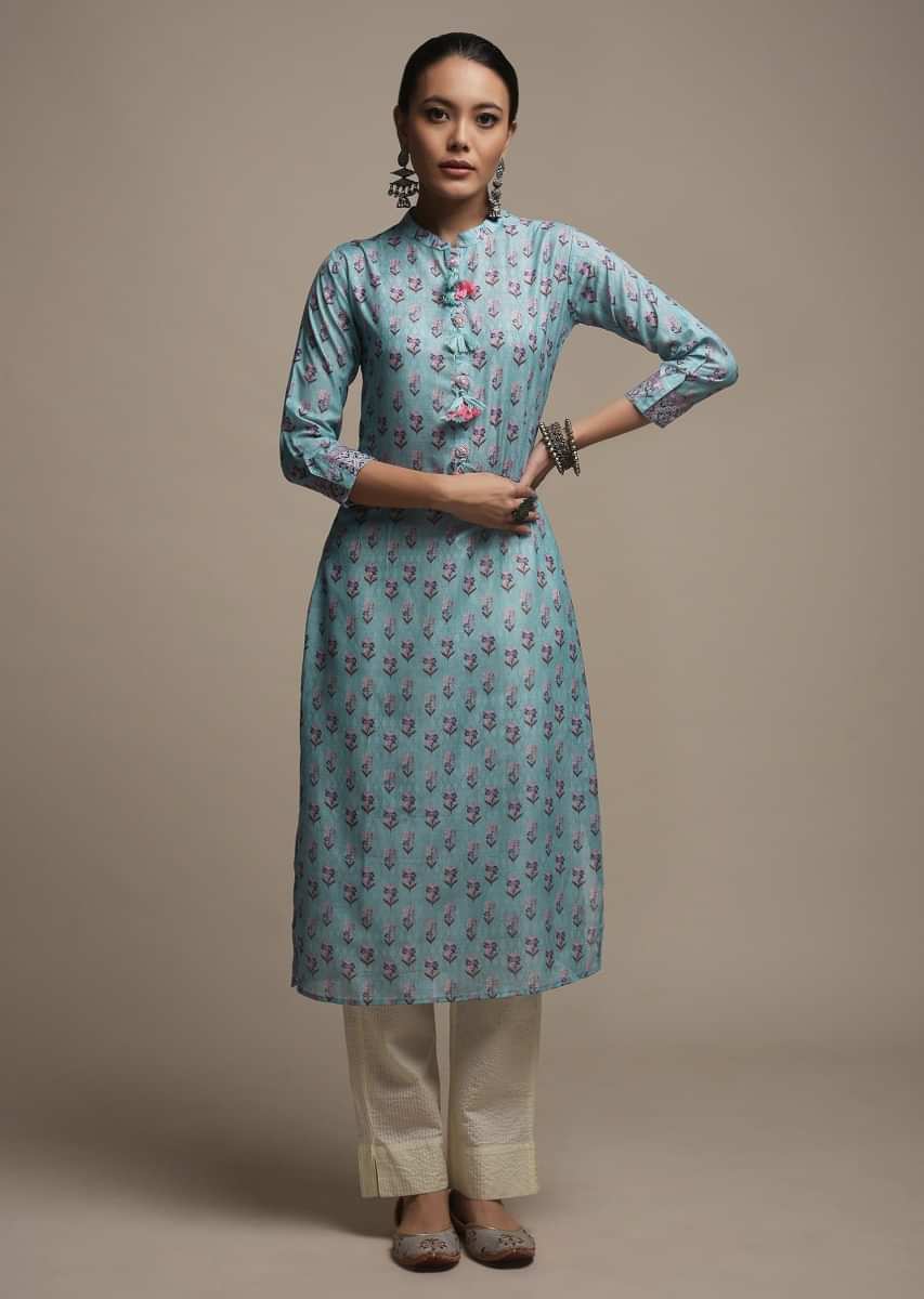 Buy Sage Green Straight Cut Kurti In Cotton With Printed Floral Buttis And  Moti Work On The Yoke Online  Kalki Fashion