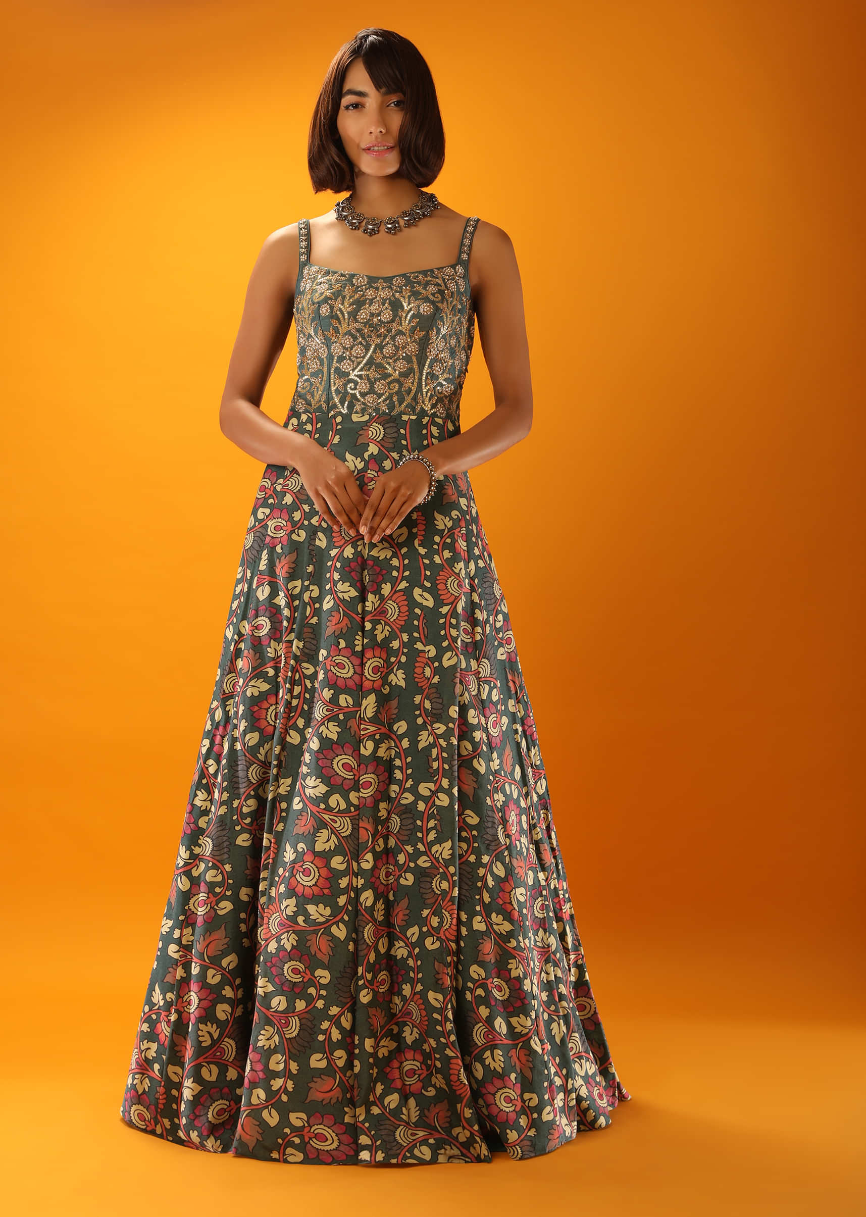 Greyish Green Anarkali Dress In Silk With Floral Print And Moti Accented Bodice  