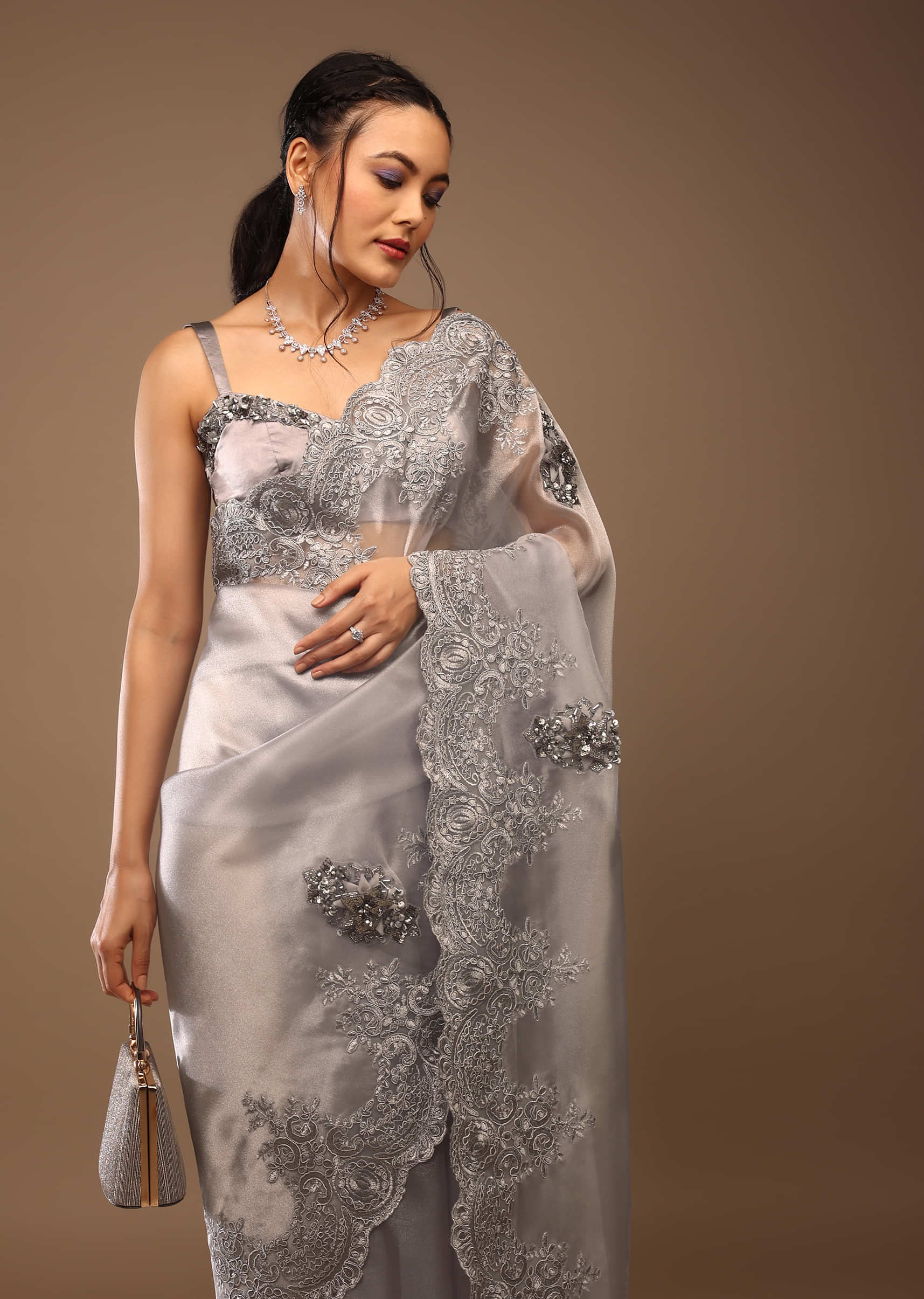Gull Grey Saree With A Crop Top In Sequins Embroidery, Crafted In Tissue Organza With The Sequins, Cut Dana, Floral Designed Motifs, And Laces