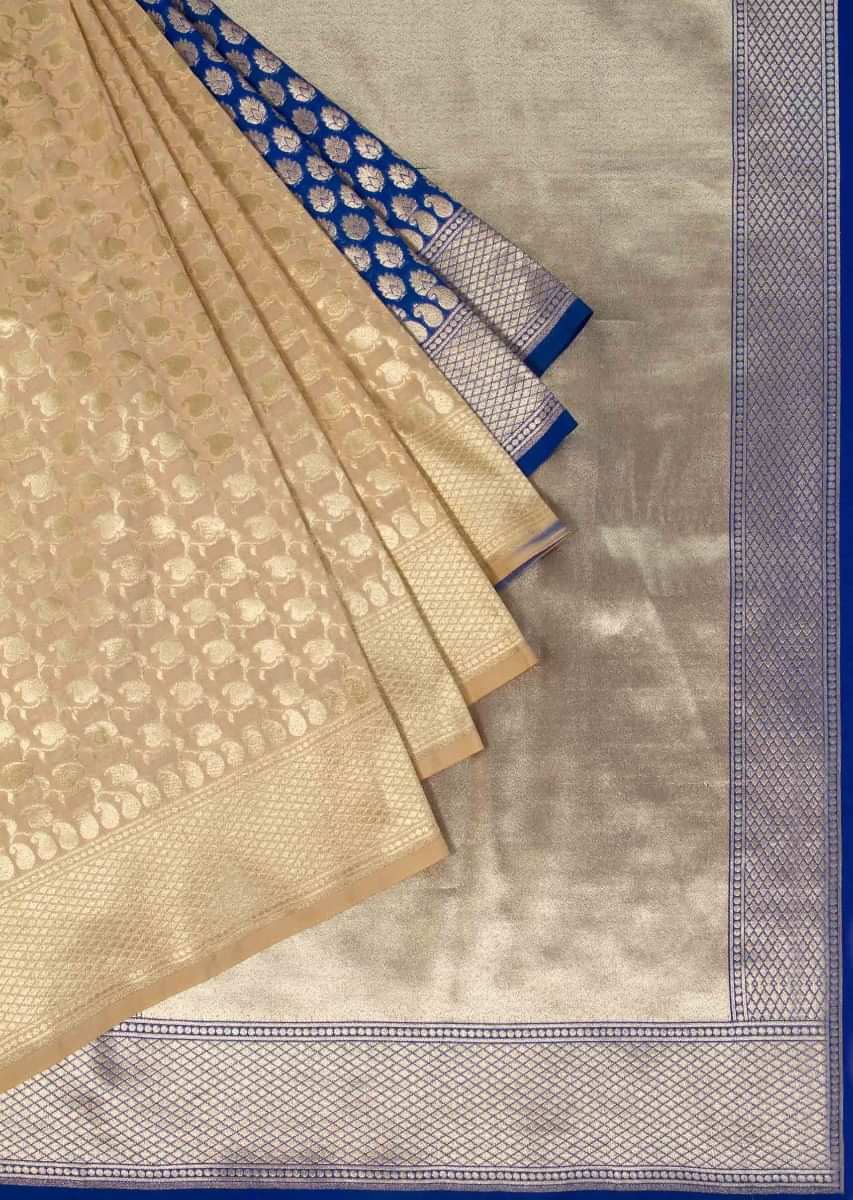 Half and half banners silk saree in gold and Persian blue shade