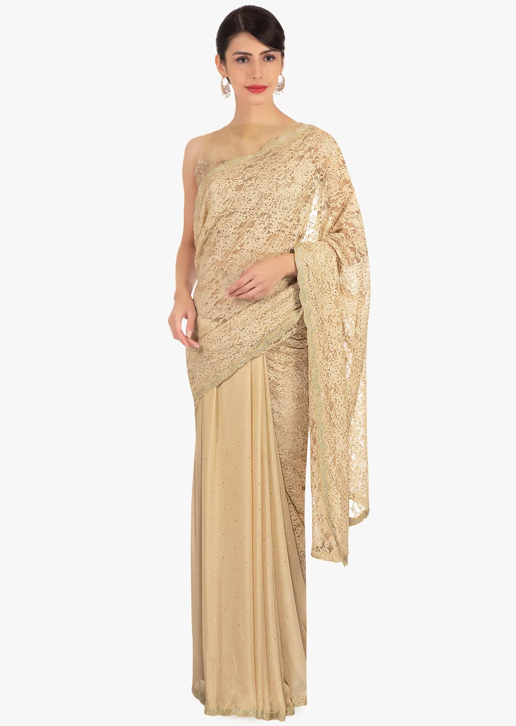 Half and half beige chantilly lace and chiffon saree