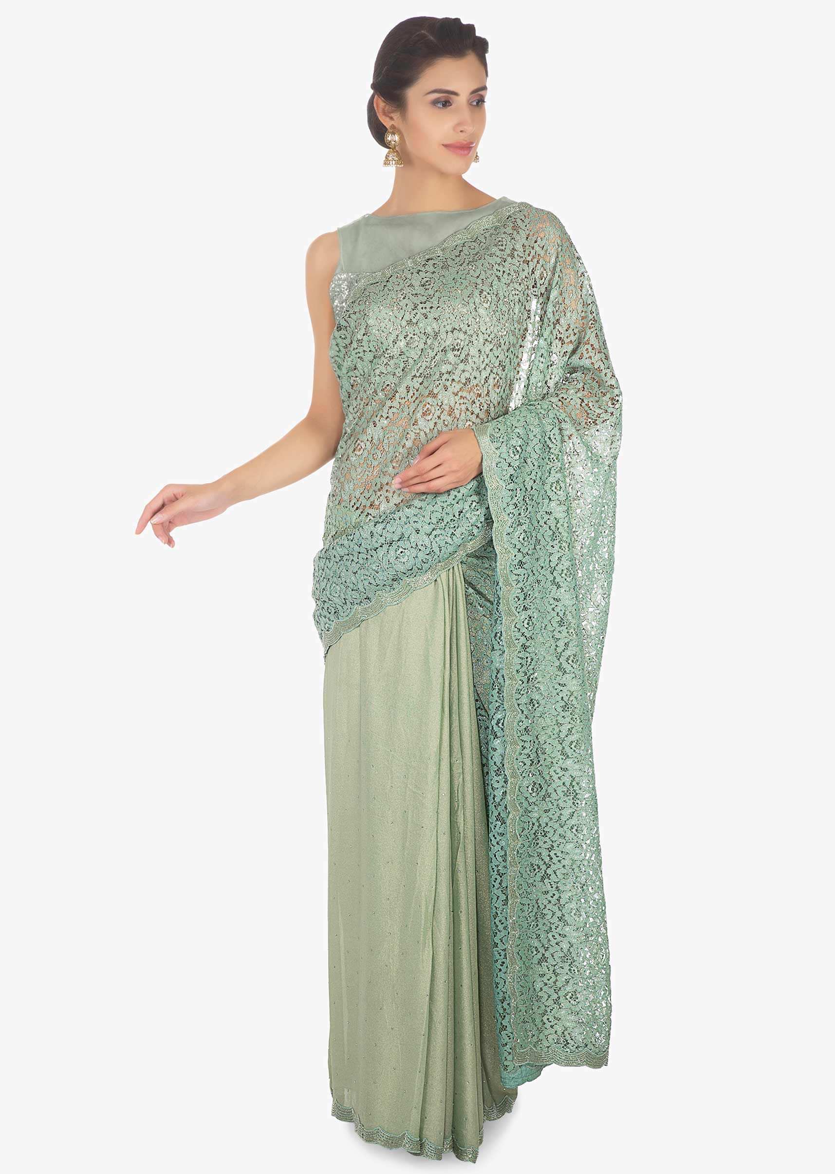 Half and half fern green lace and foil georgette saree in kundan