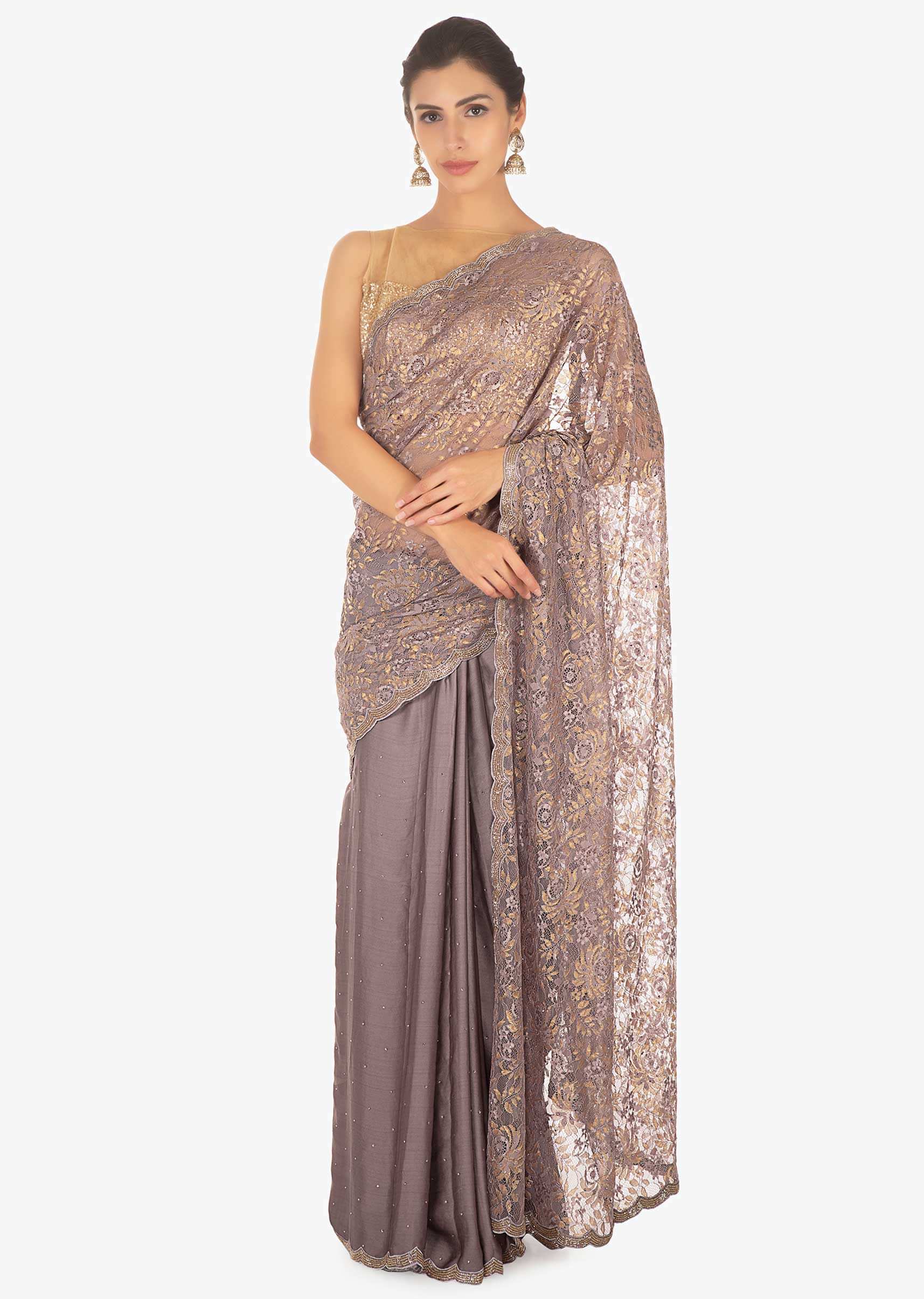 Half and half grey  lace and crepe satin  saree adorn in cut dana and kundan 
