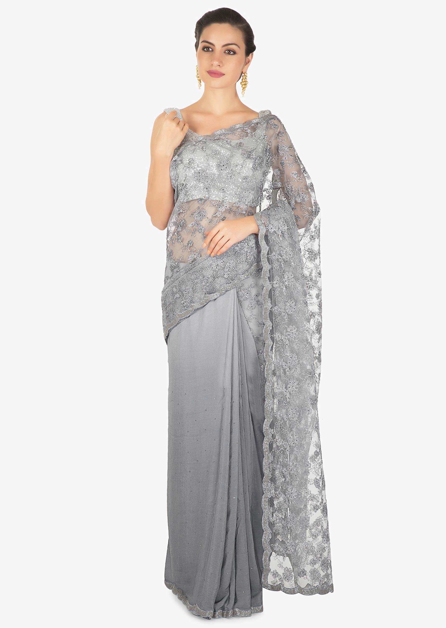Half And Half Grey Saree In Chantilly Lace Highlighted In Kundan Online - Kalki Fashion