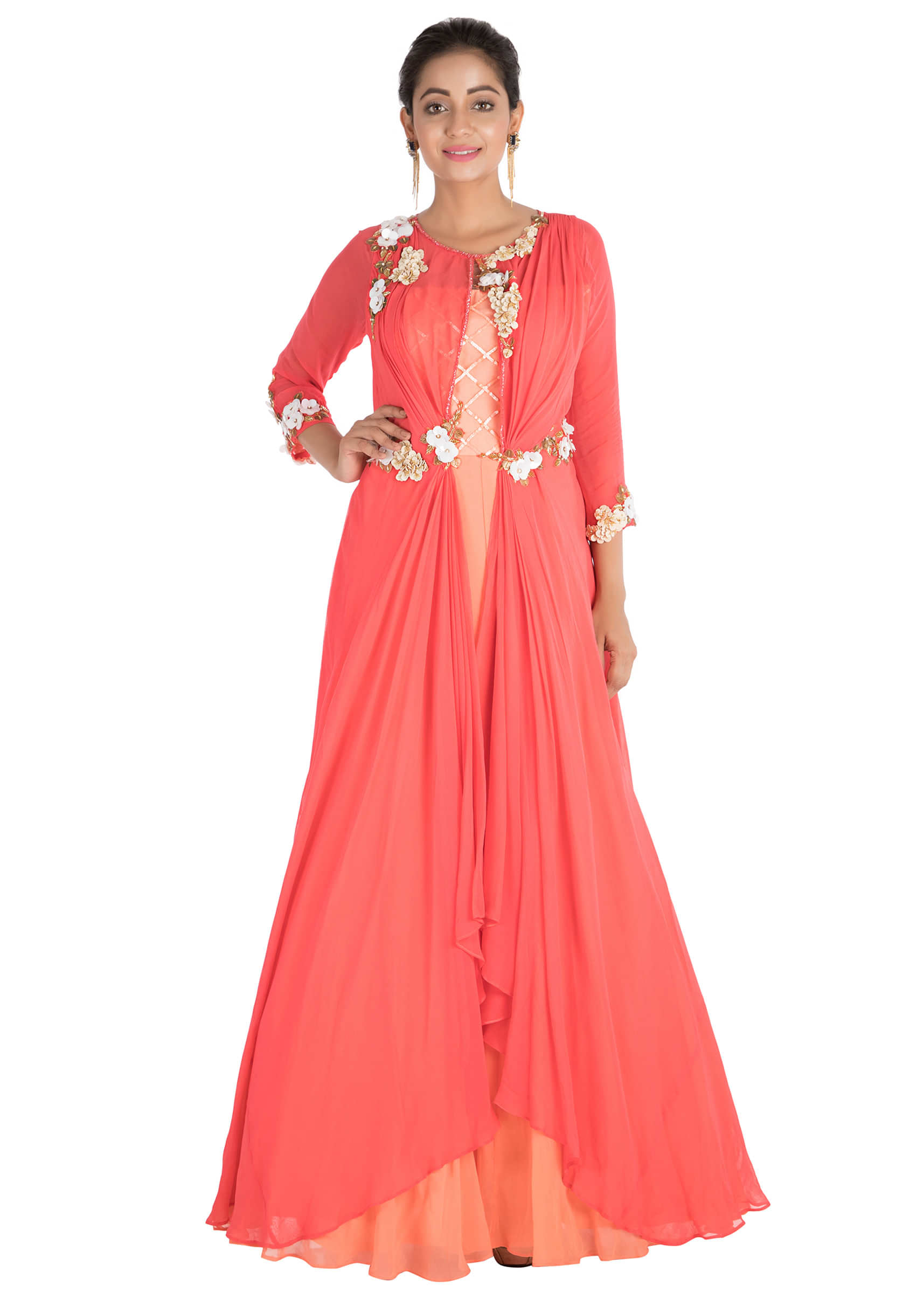 Hand embroidered Bright coral and peach layered dress