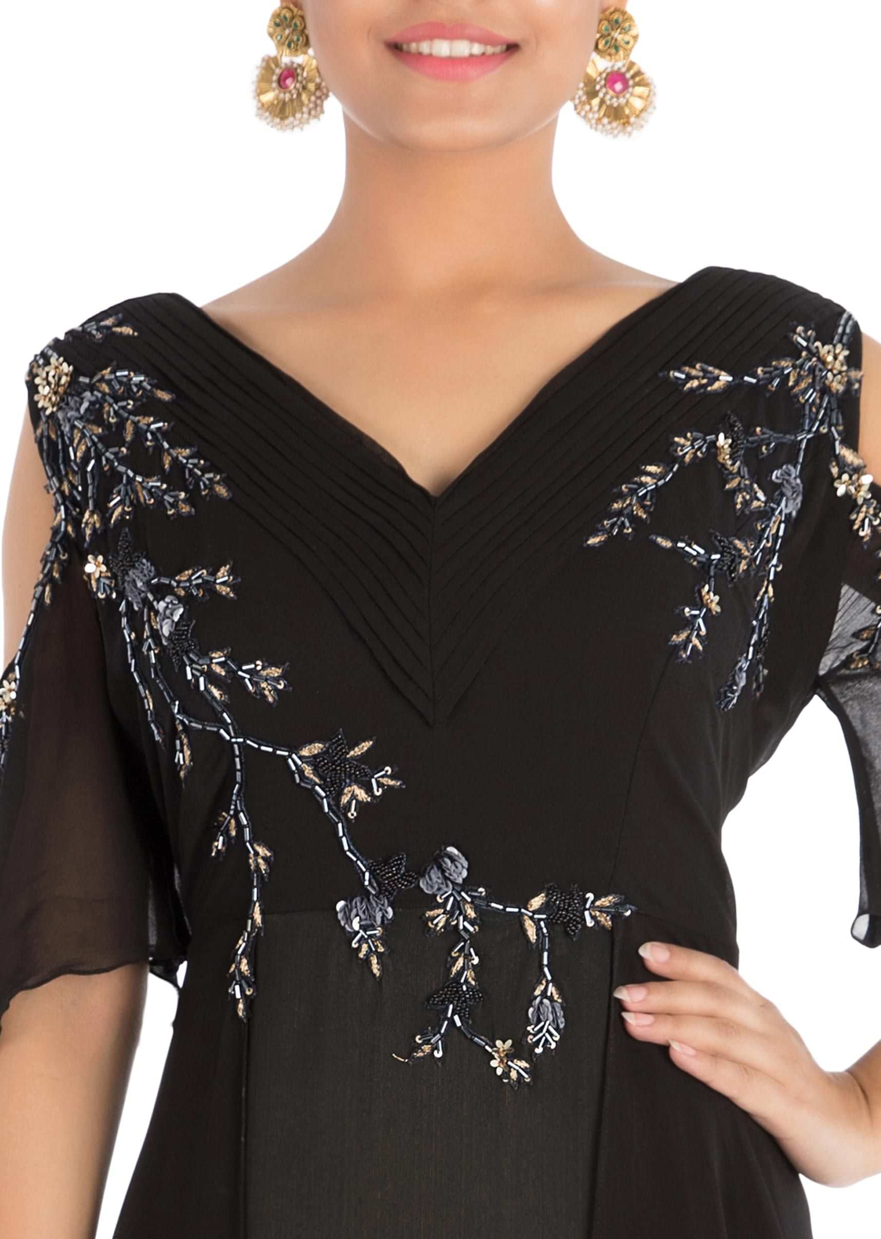 Hand embroidered Jet black cold shoulder dress