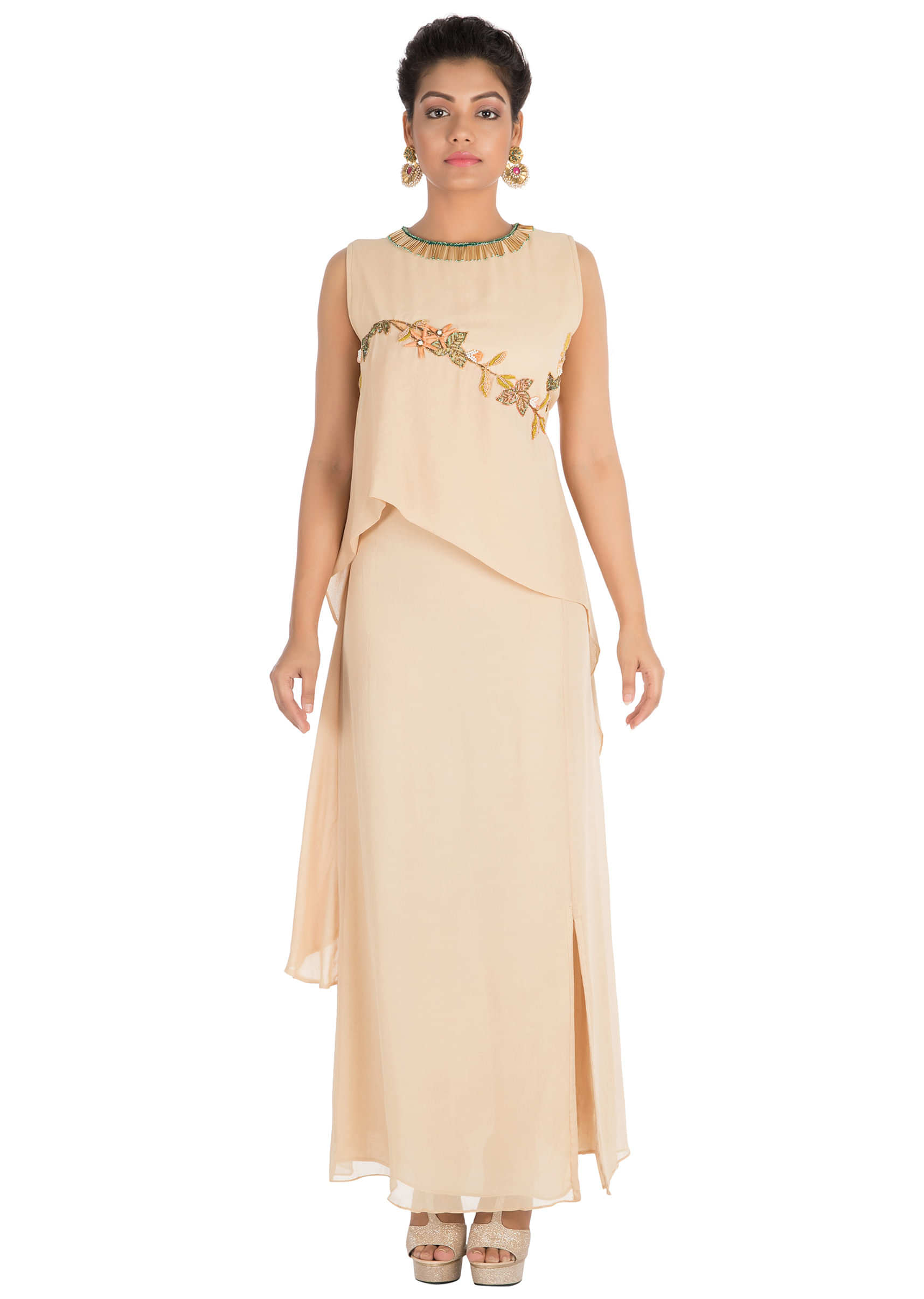 Hand embroidered Light beige double layered dress
