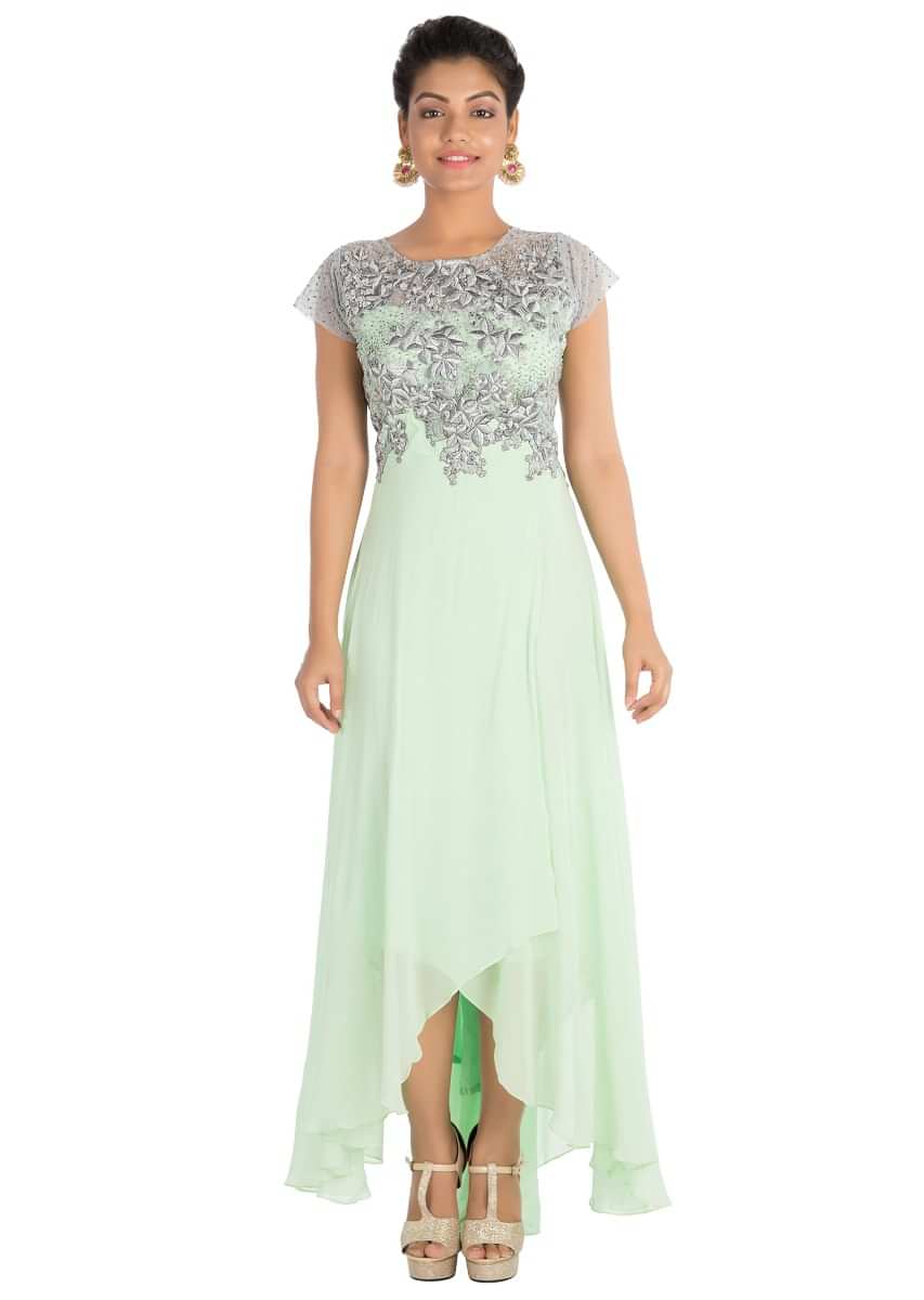 Light Green Asymmetric Dress With Hand Embroidery Online - Kalki Fashion