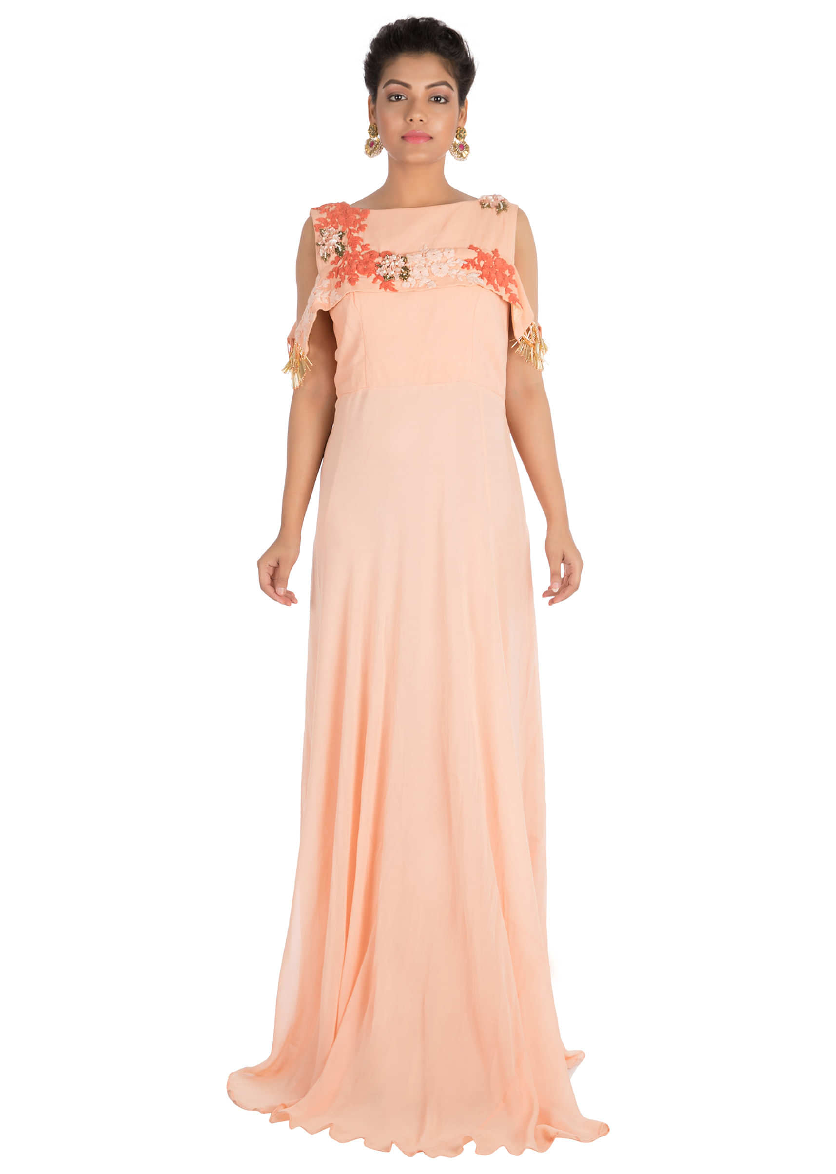 Hand embroidered Light peach long cold shoulder dress