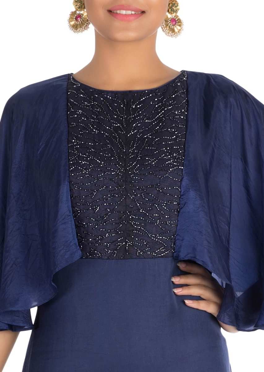 Hand embroidered Midnight blue tunic with cape sleeves
