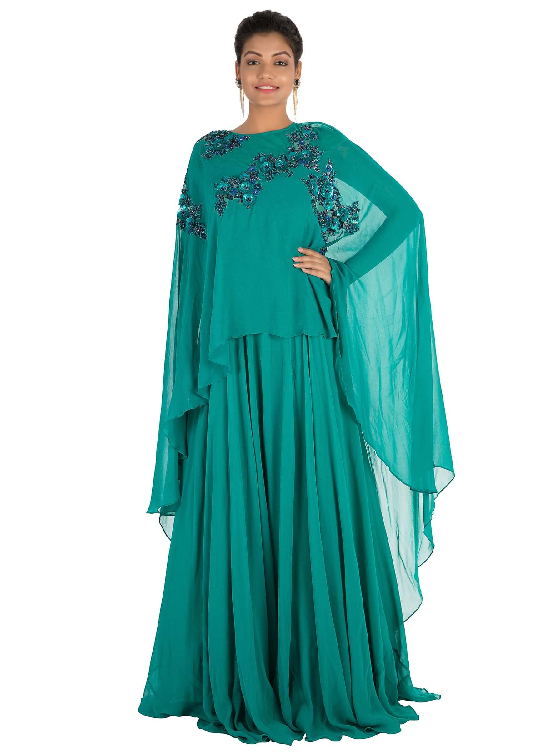 Hand Embroidered Pine Green Long Cape Gown