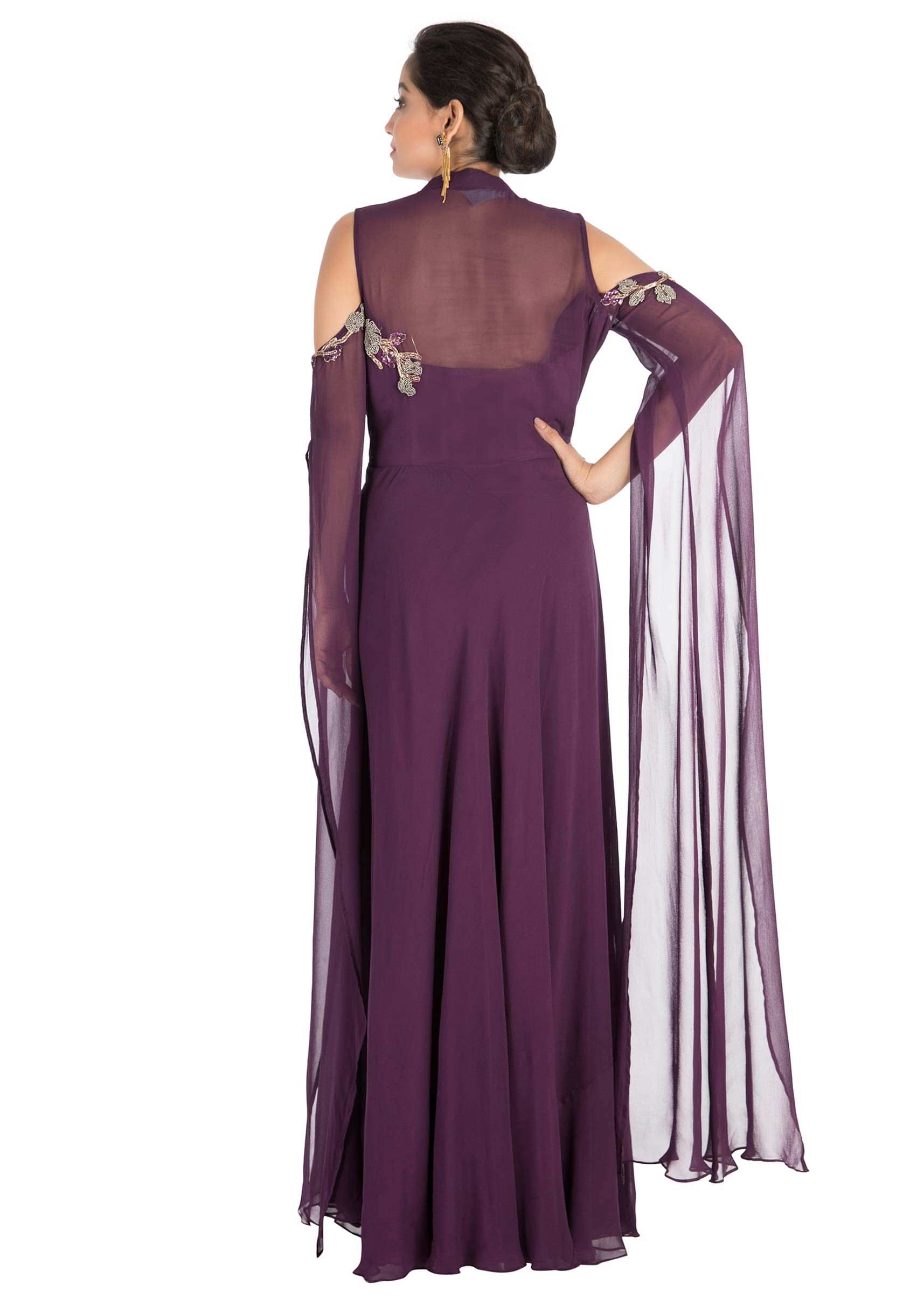 Hand embroidered Plum colour cold shoulder dress with long sleeves