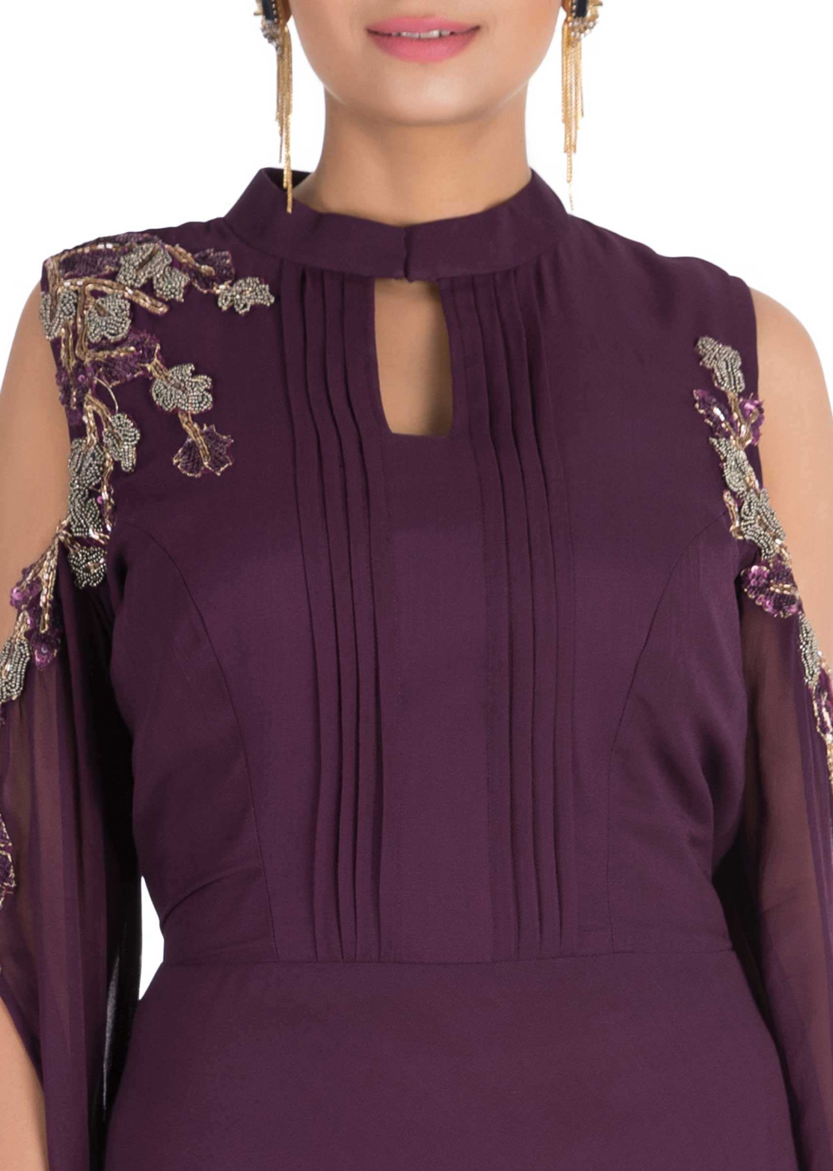 Hand embroidered Plum colour cold shoulder dress with long sleeves