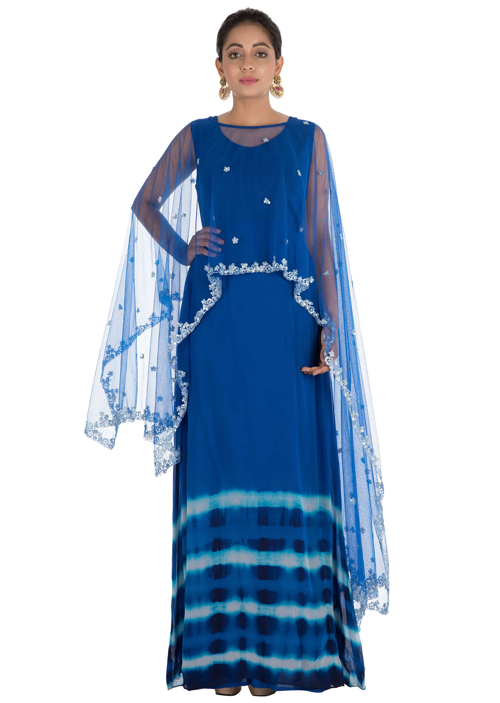 Hand Embroidered Royal Blue Tie & Dye Cape Gown
