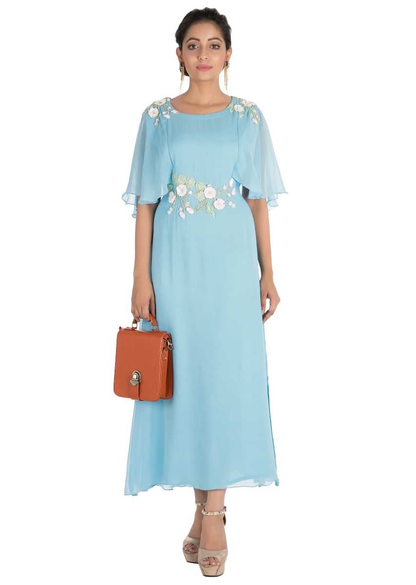 Hand embroidered Sky blue tunic with cape sleeves