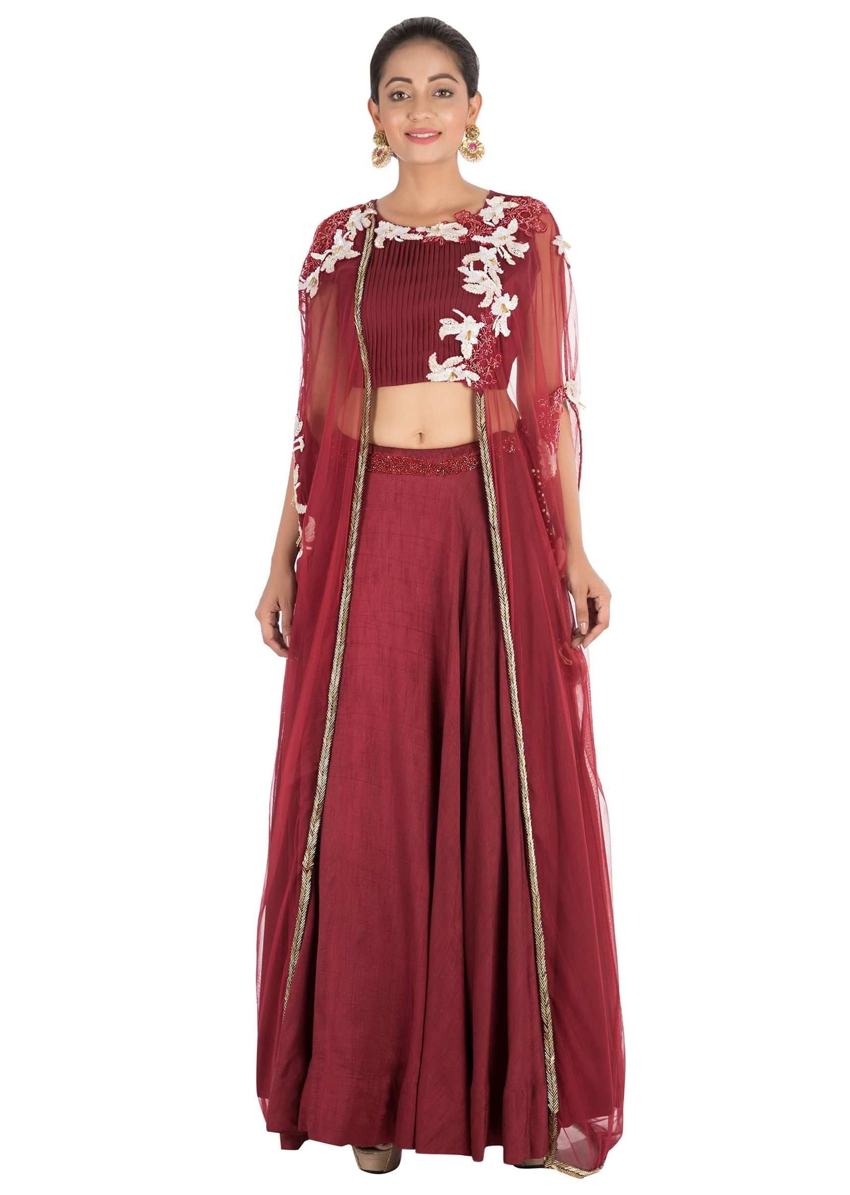 Hand embroidered Wine lehenga with attached jacket style cape