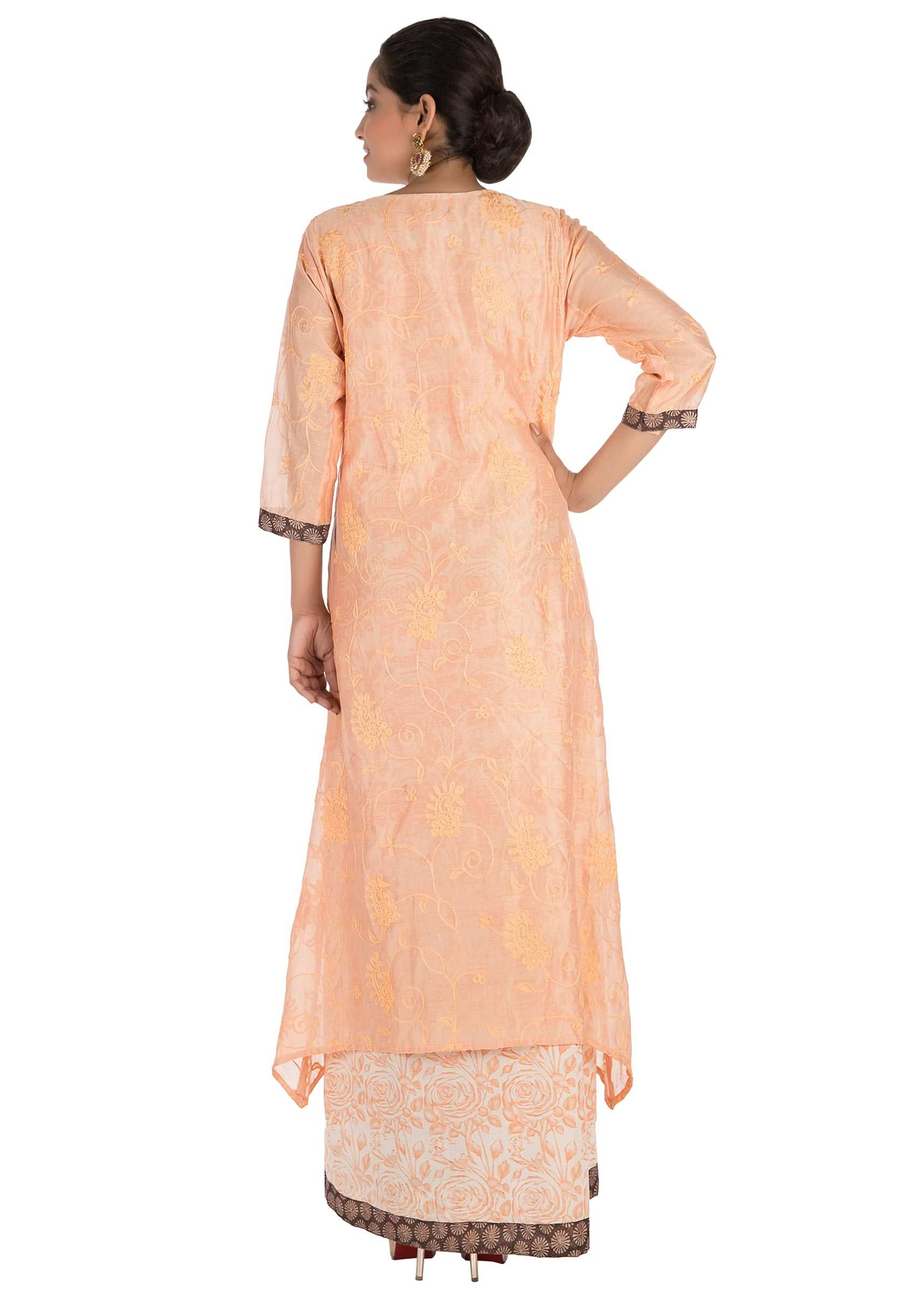 Hand Printed & Embroidered  Pale Orange Double Layer Kurti