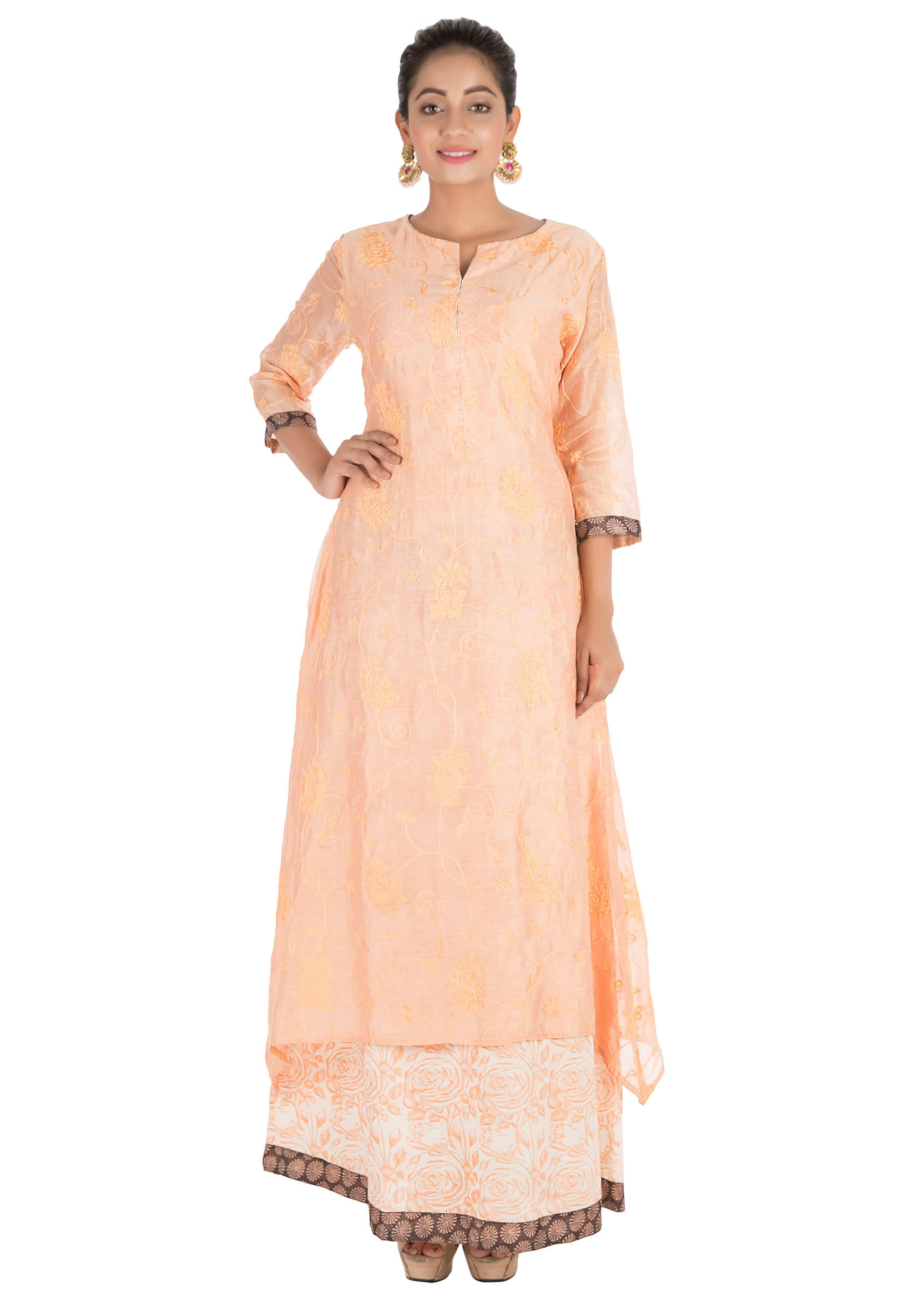 Hand Printed & Embroidered  Pale Orange Double Layer Kurti