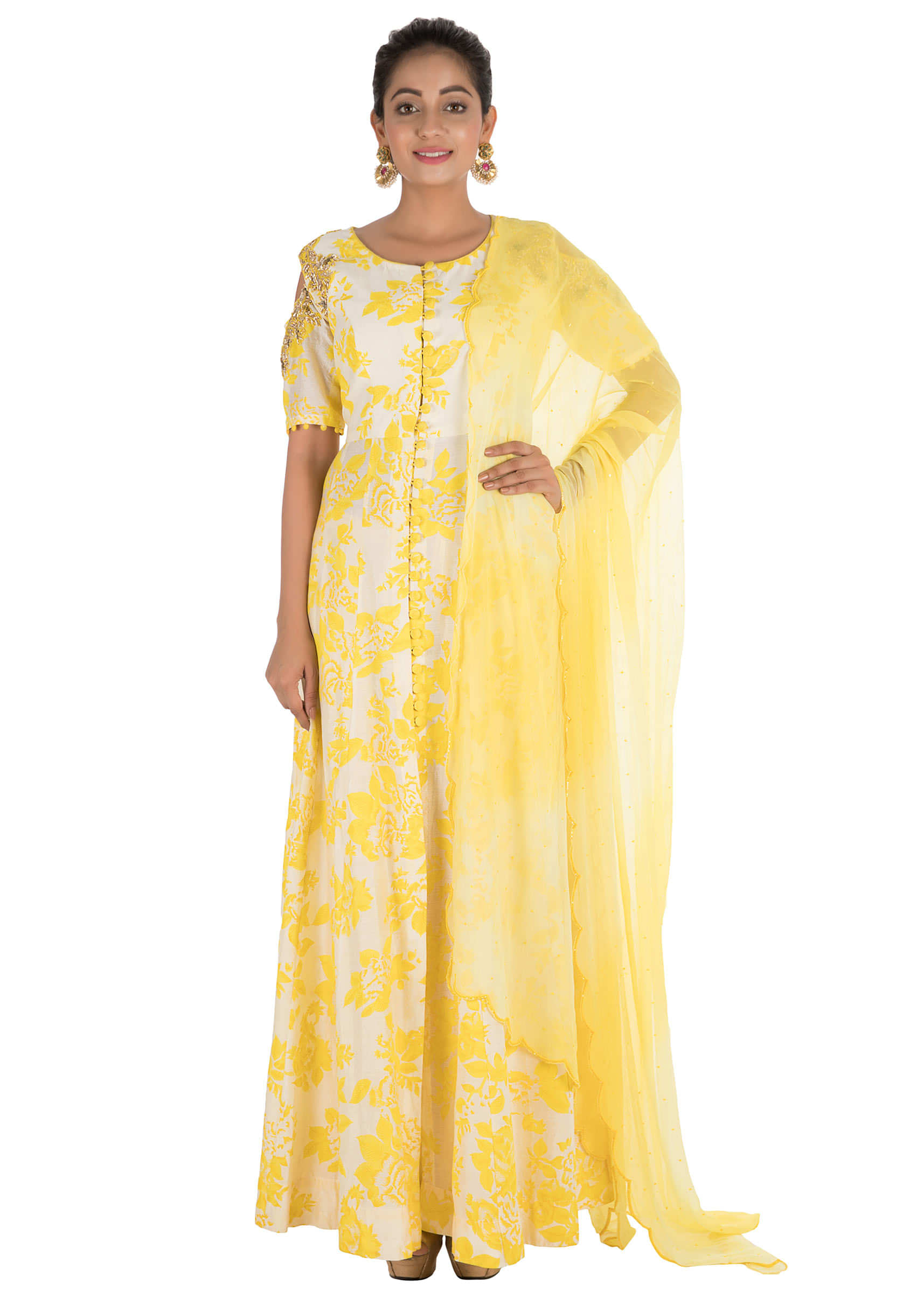 Hand Printed & Embroidered Bright Yellow Cold Shoulder Long Kurti 