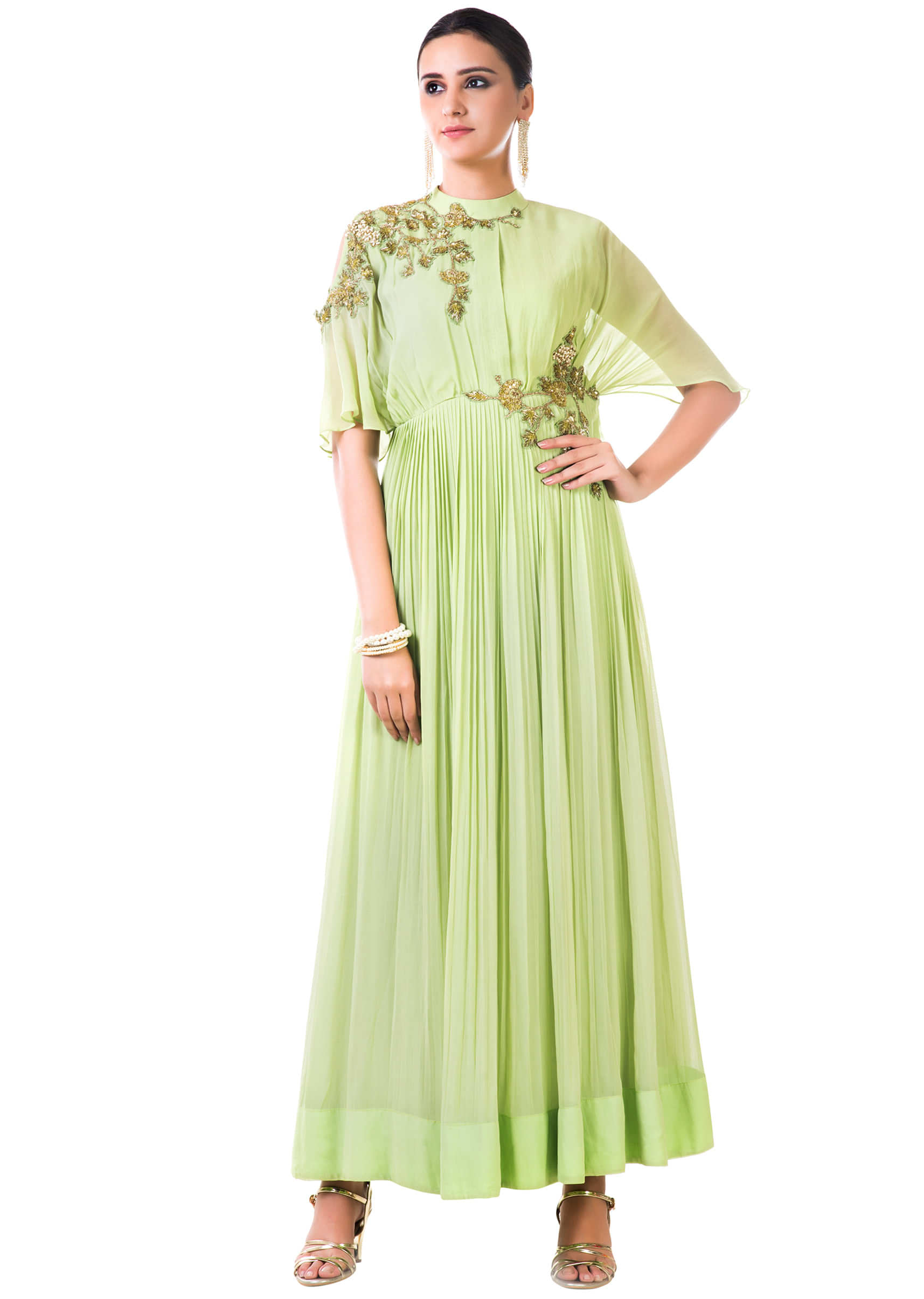 Green Dress With Overlapped Yoke Pleated And Hand Embroidery Online - Kalki Fashion