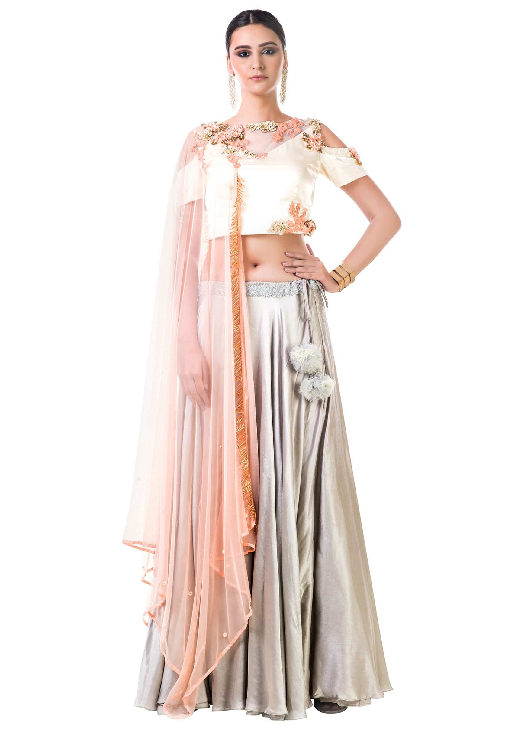 Off White Blouse With Hand Embroidery And A Light Grey Lehenga Online - Kalki Fashion