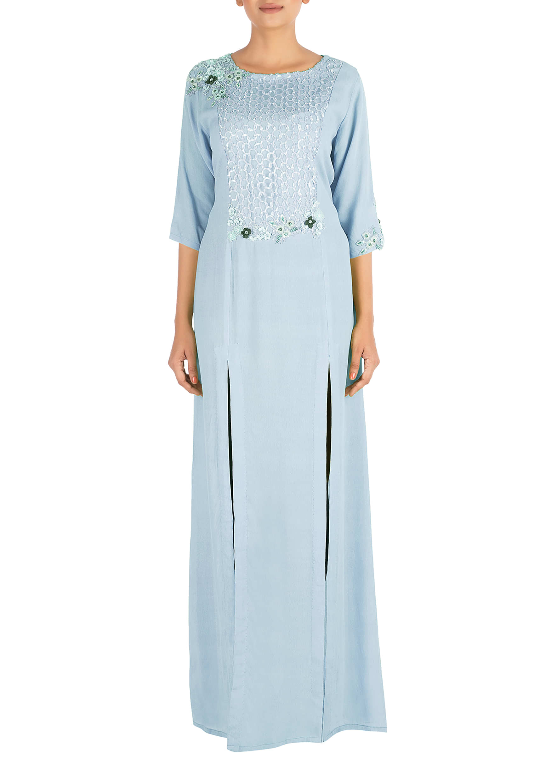 Hand Embroidered Powder Blue Long Tunic With Front Slits
