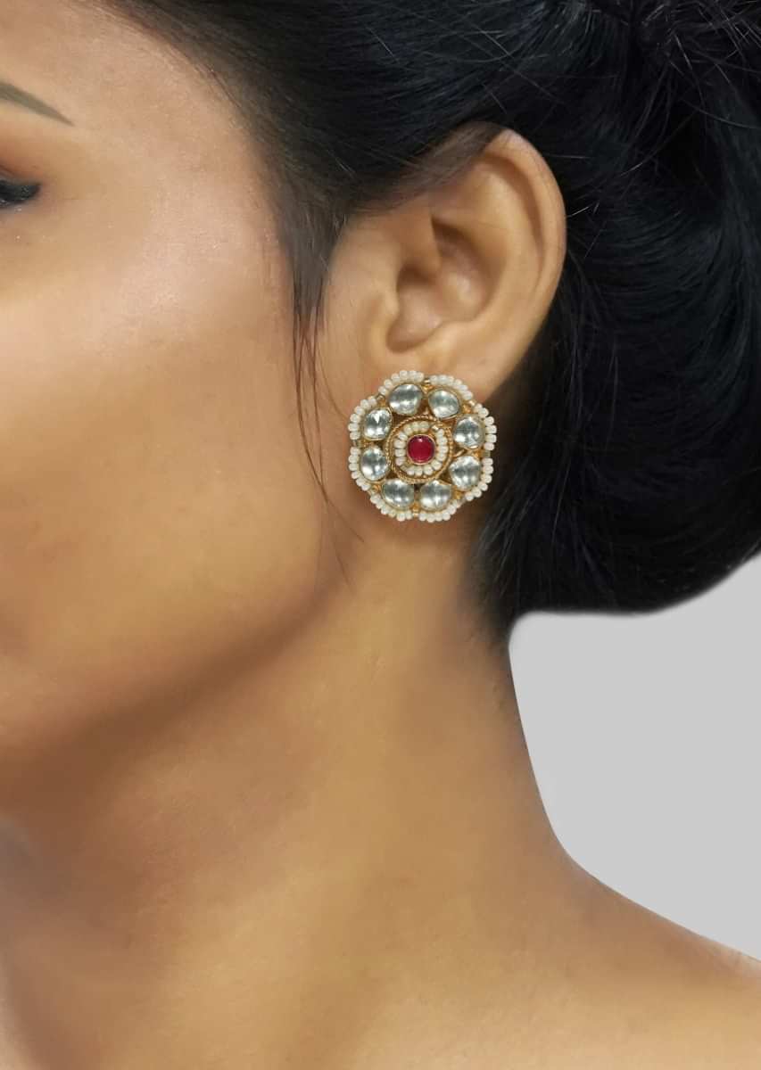 Hand Set Pachi Kundan Earrings In Floral Motifs With Colorful Stone By Tizora