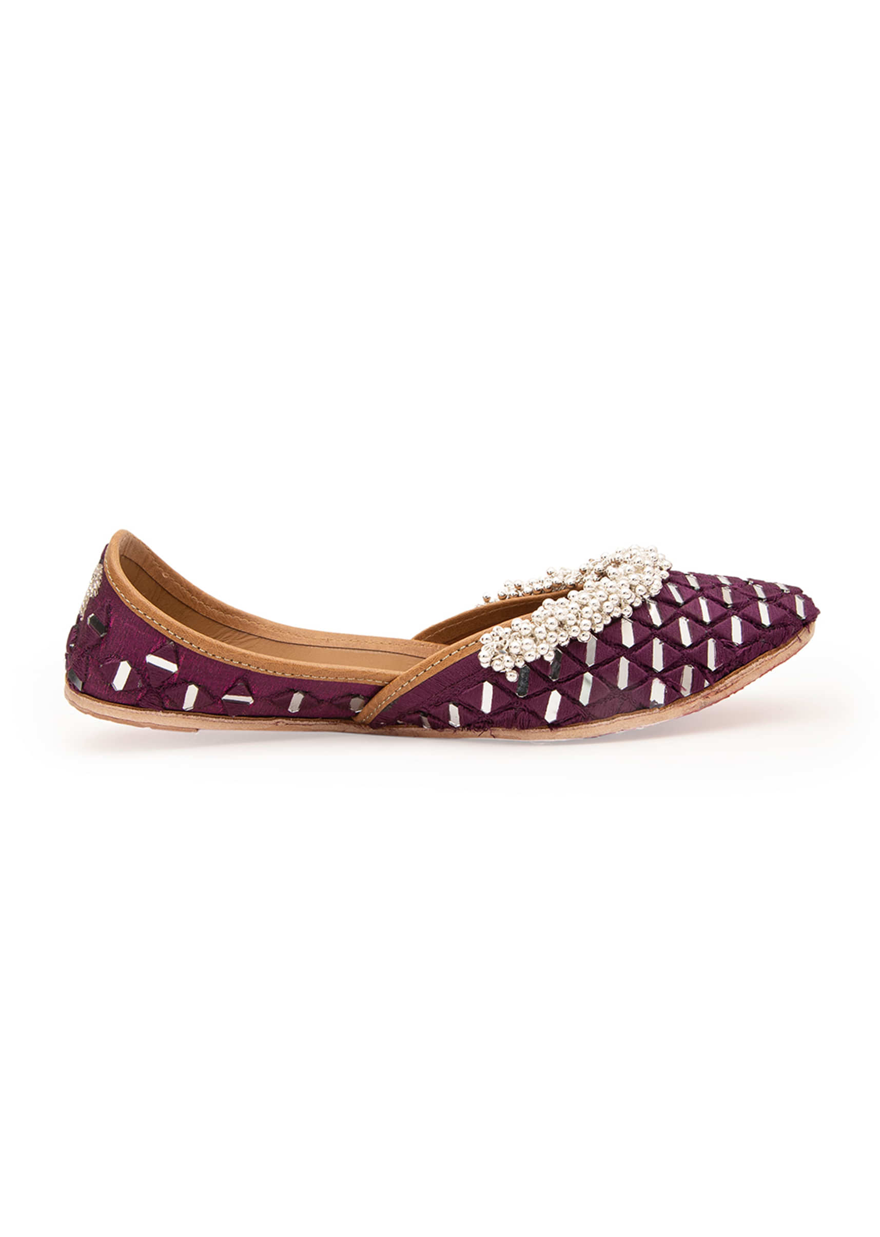 Handcrafted Purple Juttis In Silk With Mirror And Silver Embellishment