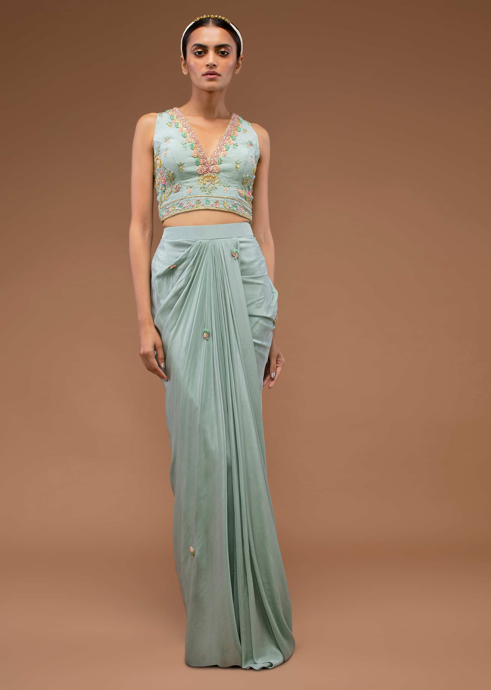 Harbor Grey-Green Mermaid Skirt And A Crop Top Set In 3D Cut Dana Motifs Embroidery, Paired With A Crop Top With A Plunging V Neckline