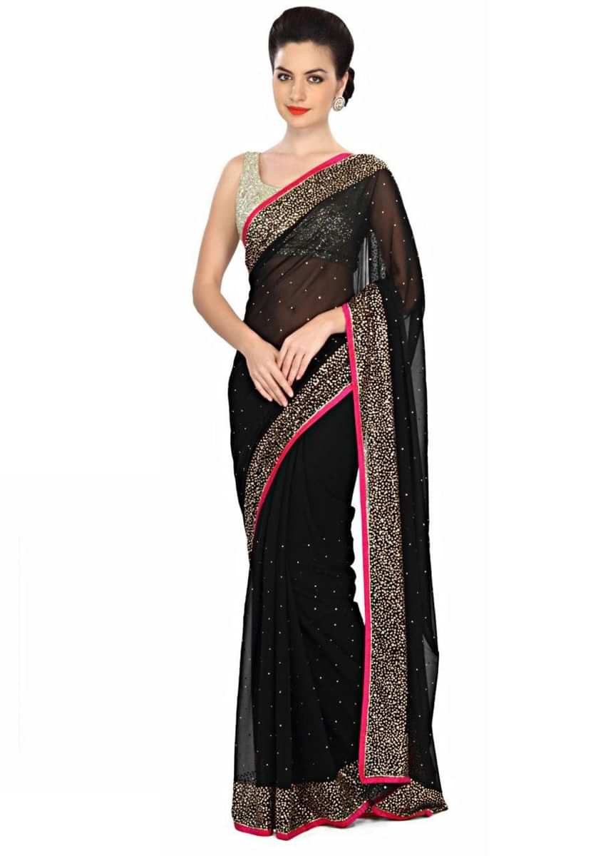 Haute Black Saree Embellished In Kundan Work Online - Kalki Fashion