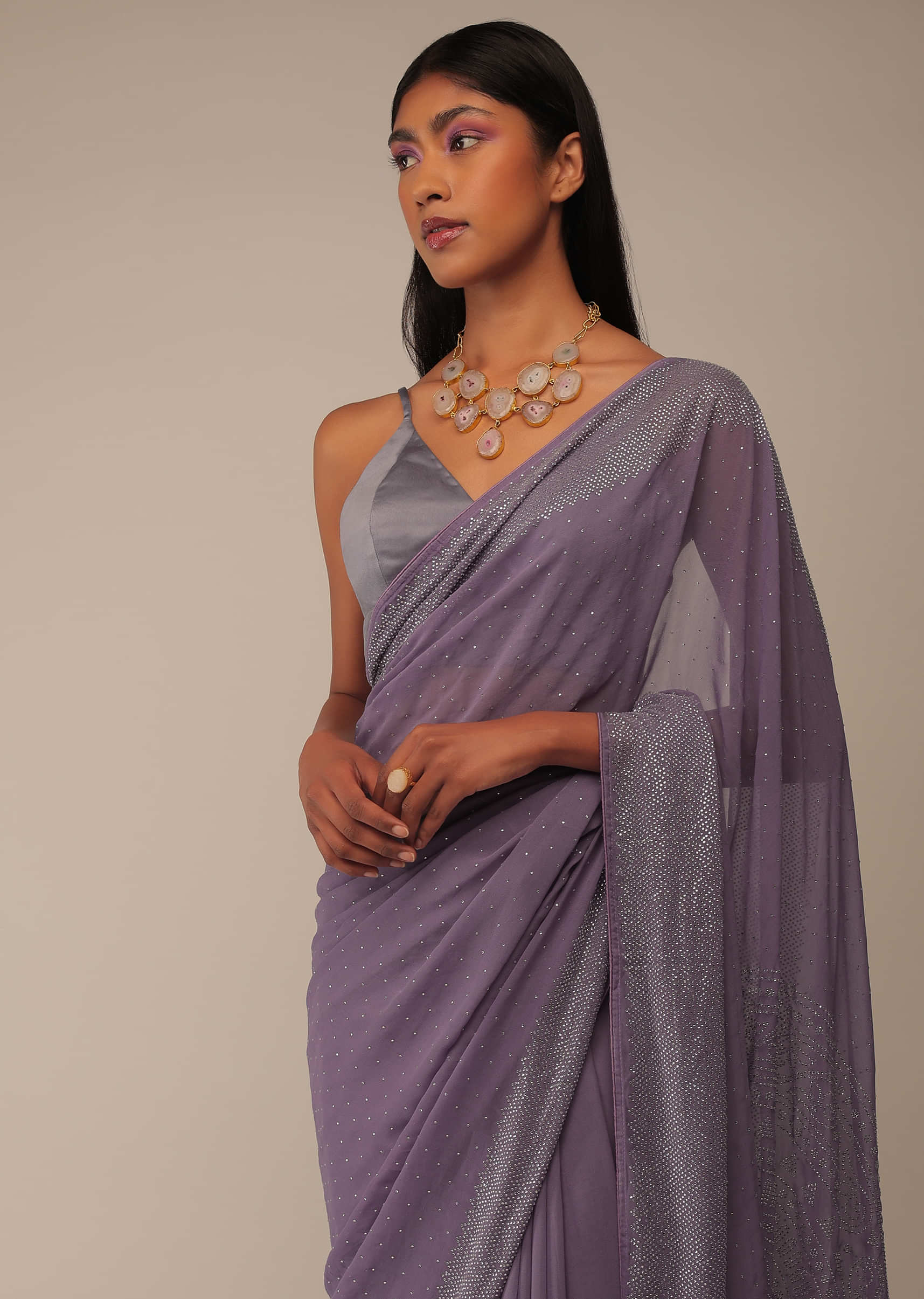 Haze Purple Saree In Stones Embroidery Crafted In Georgette With Scattered Stones
