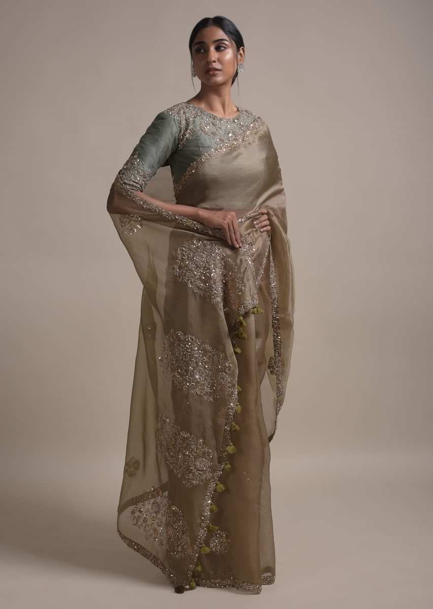 Hazel Green Saree In Organza Silk With Mirror And Zardozi Embroidery In Floral Pattern